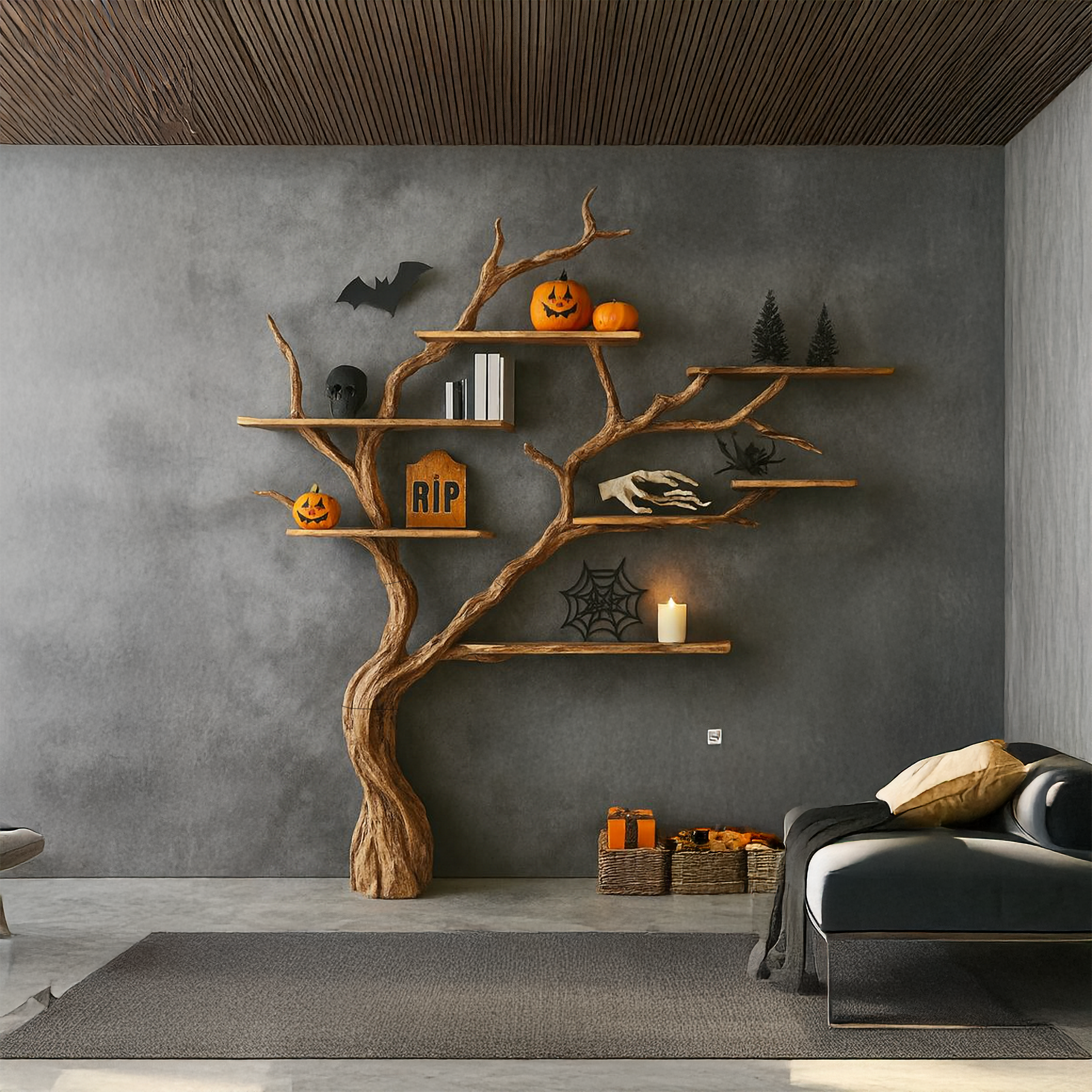 Midcentury Tree Bookshelf Living Room Halloween SINLSATB263