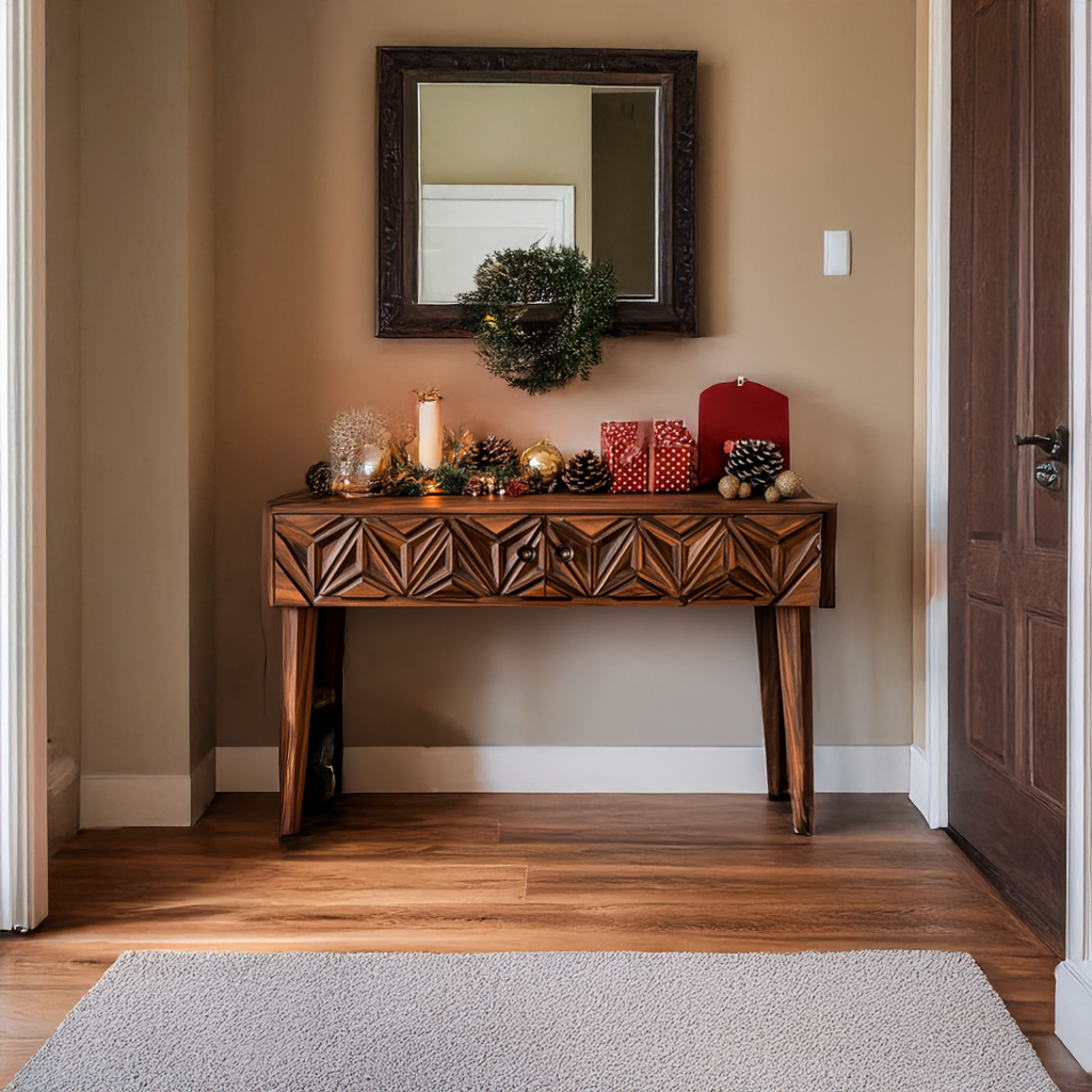 Rustic Carved Console Table Christmas Entryway Holiday Decor SINLSACS338