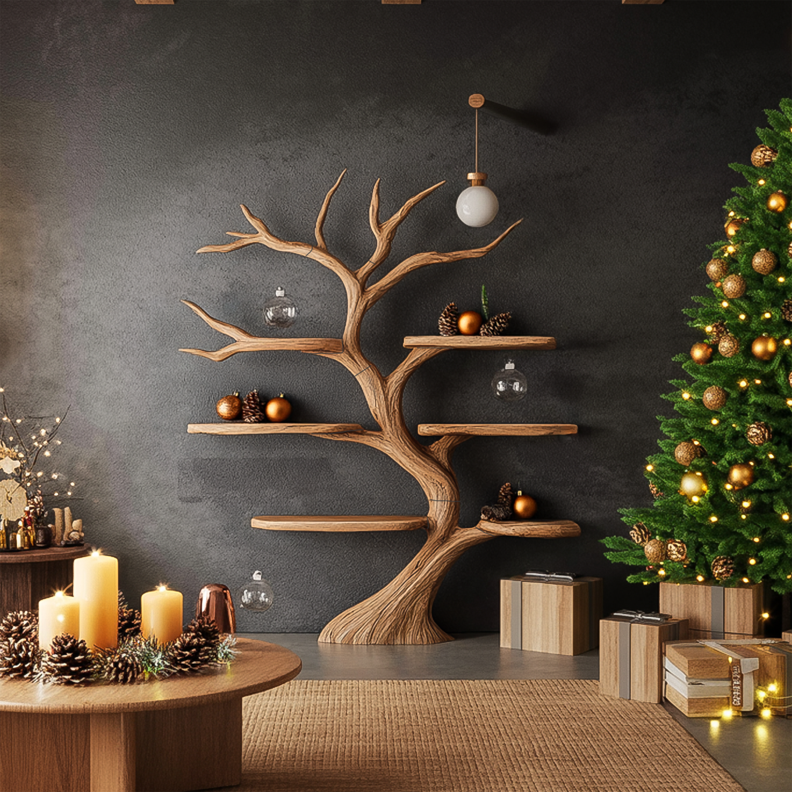 Rustic Organic Tree Shelf Christmas Living Room SINLSATB558