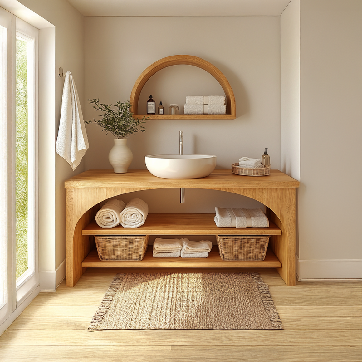 Minimal Bathroom Vanity Cabinet With Open Shelving And Storage Compartments SINLSABRV204