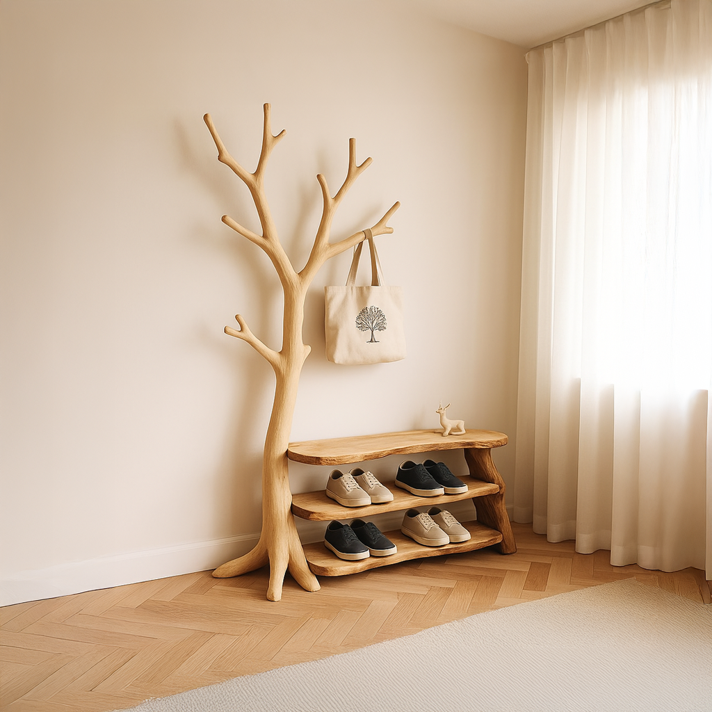Rustic Tree Coat Rack Shoe Bench Entryway SINLSATCR014