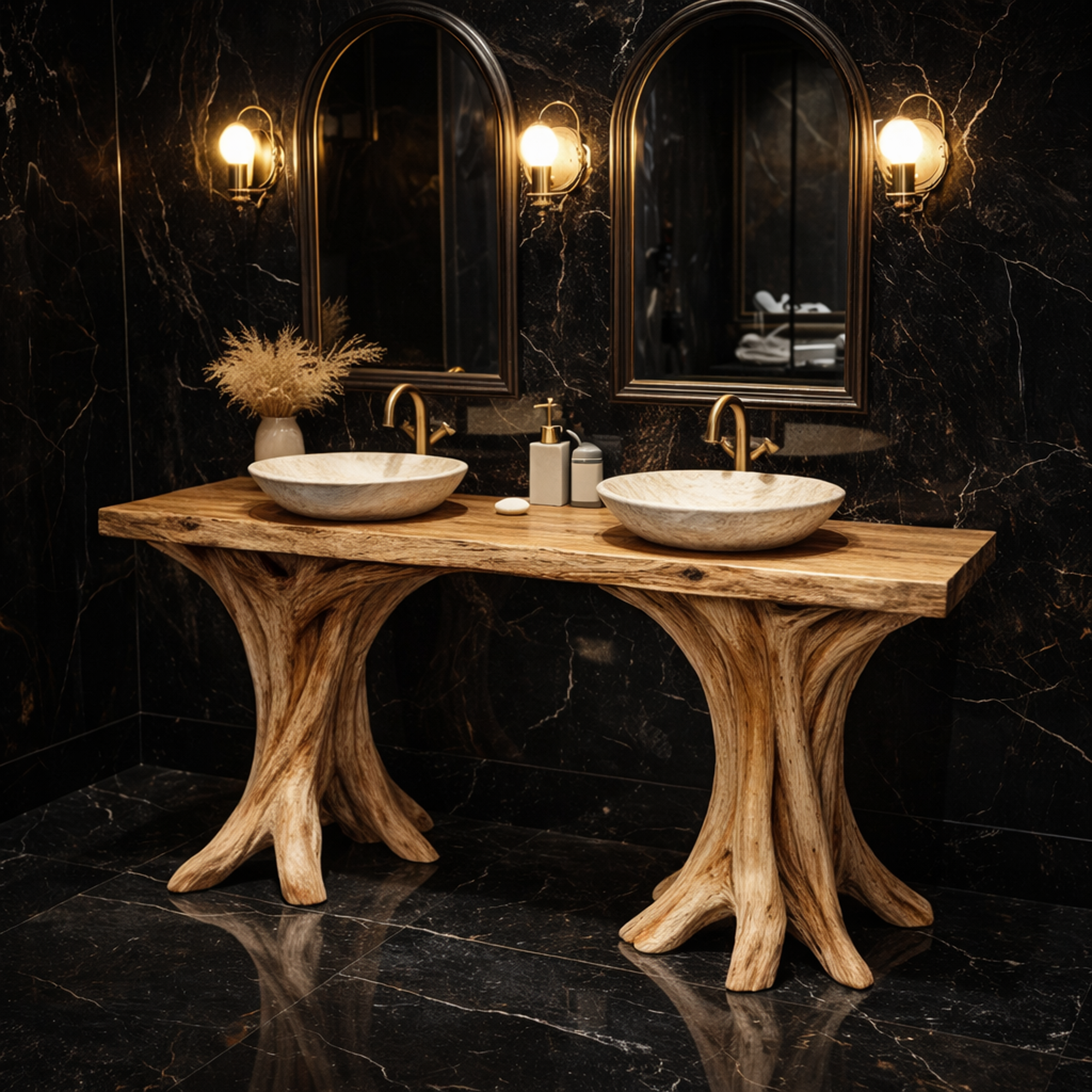 Luxury Sculptural Solid Wood Bathroom Console Table Tree Base Design SINLKIBRV267