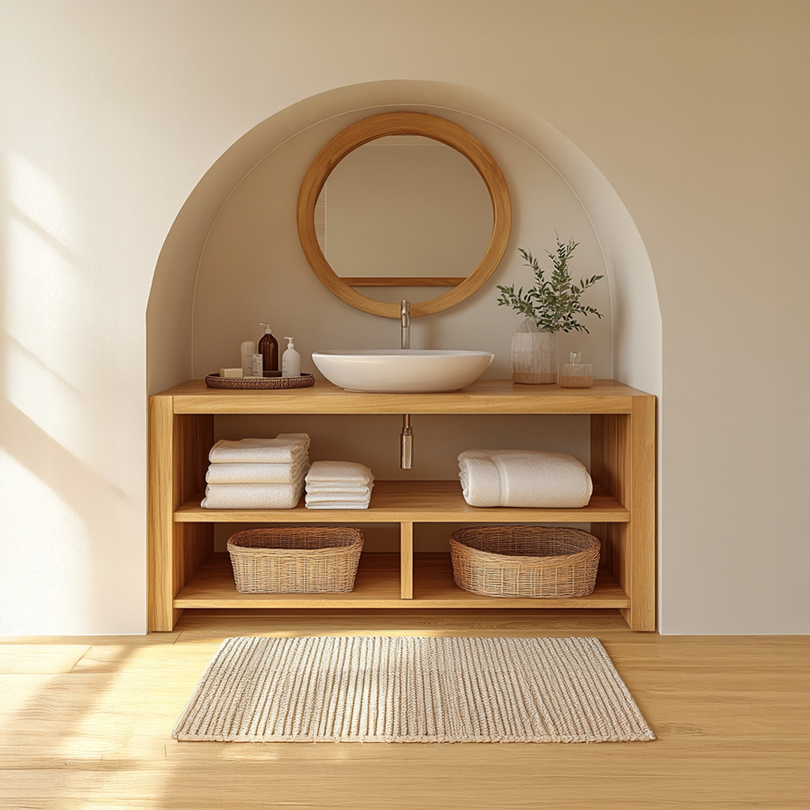 Minimalist Bathroom Storage Cabinet With Open Shelves And Natural Wood Design For Bathroom SINLSABRV209