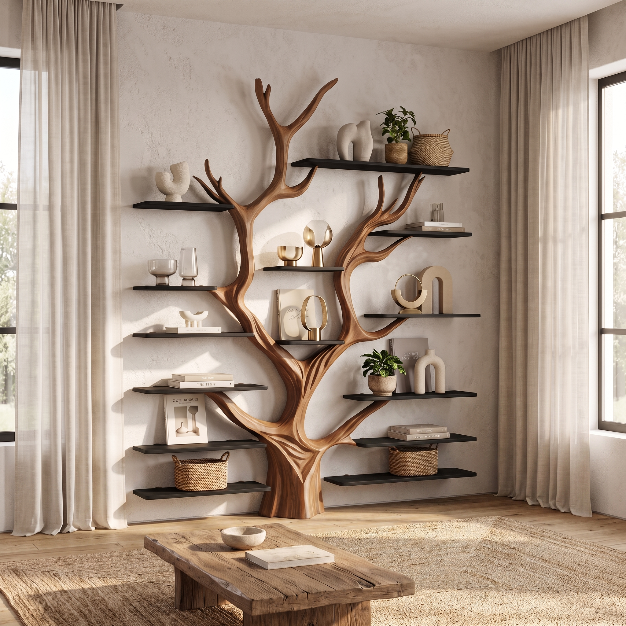 Sculptural Tree Bookcase - Artisan Tree-Inspired Wall Unit SINLSATB179