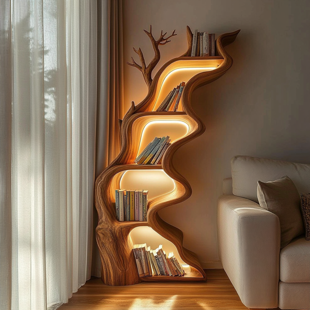 Rustic Tree Bookshelf Solid Wood Live Edge Modern Decor Gift SINLSATB181
