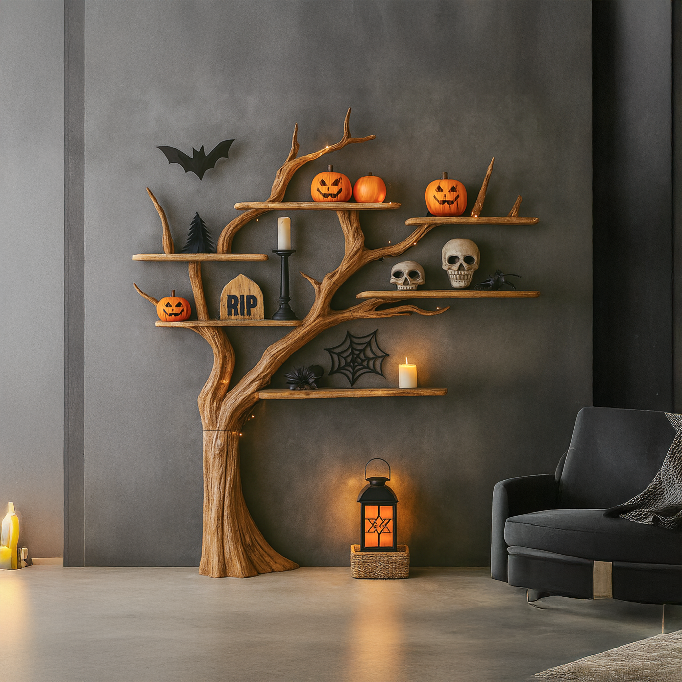 Rustic Tree Shelf Living Room Halloween SINLSATB262