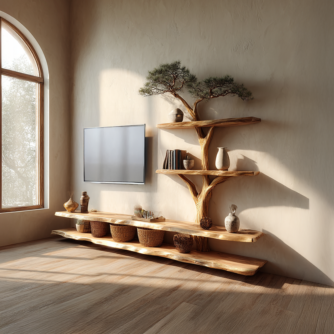 Rustic Bonsai Tree Wall Shelf TV Console Living Room SINLSATB517