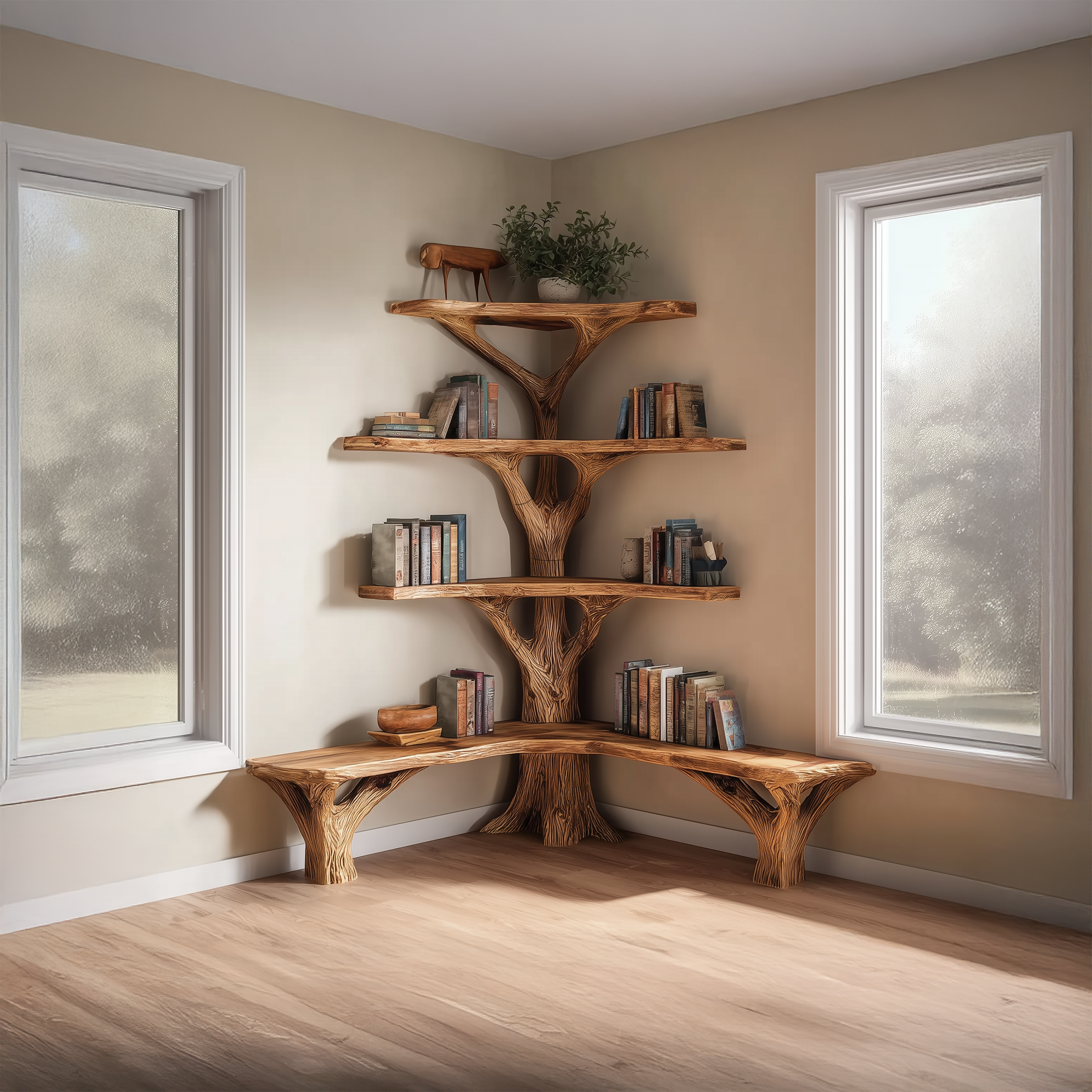 Rustic Tree Bookshelf Corner Living Room SINLSATB230