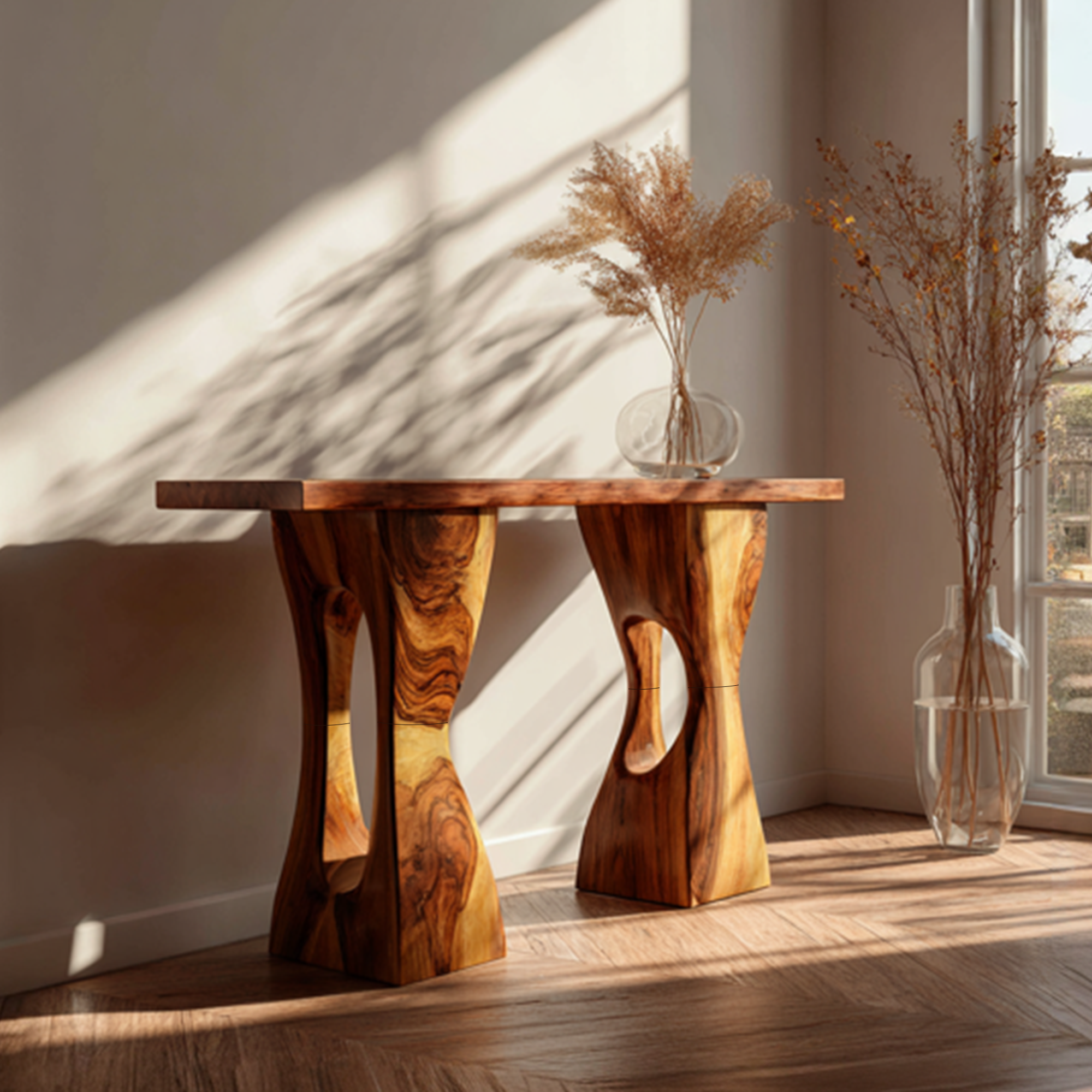 Mid Century Modern Console Wavy Carved Wood Entry Hall SINLKICS407