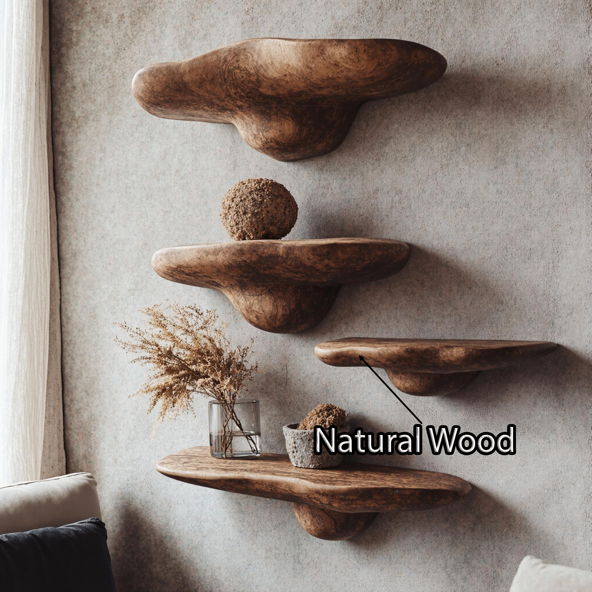Natural Wood Mushroom Shelf With Floating Design SILDTMR016