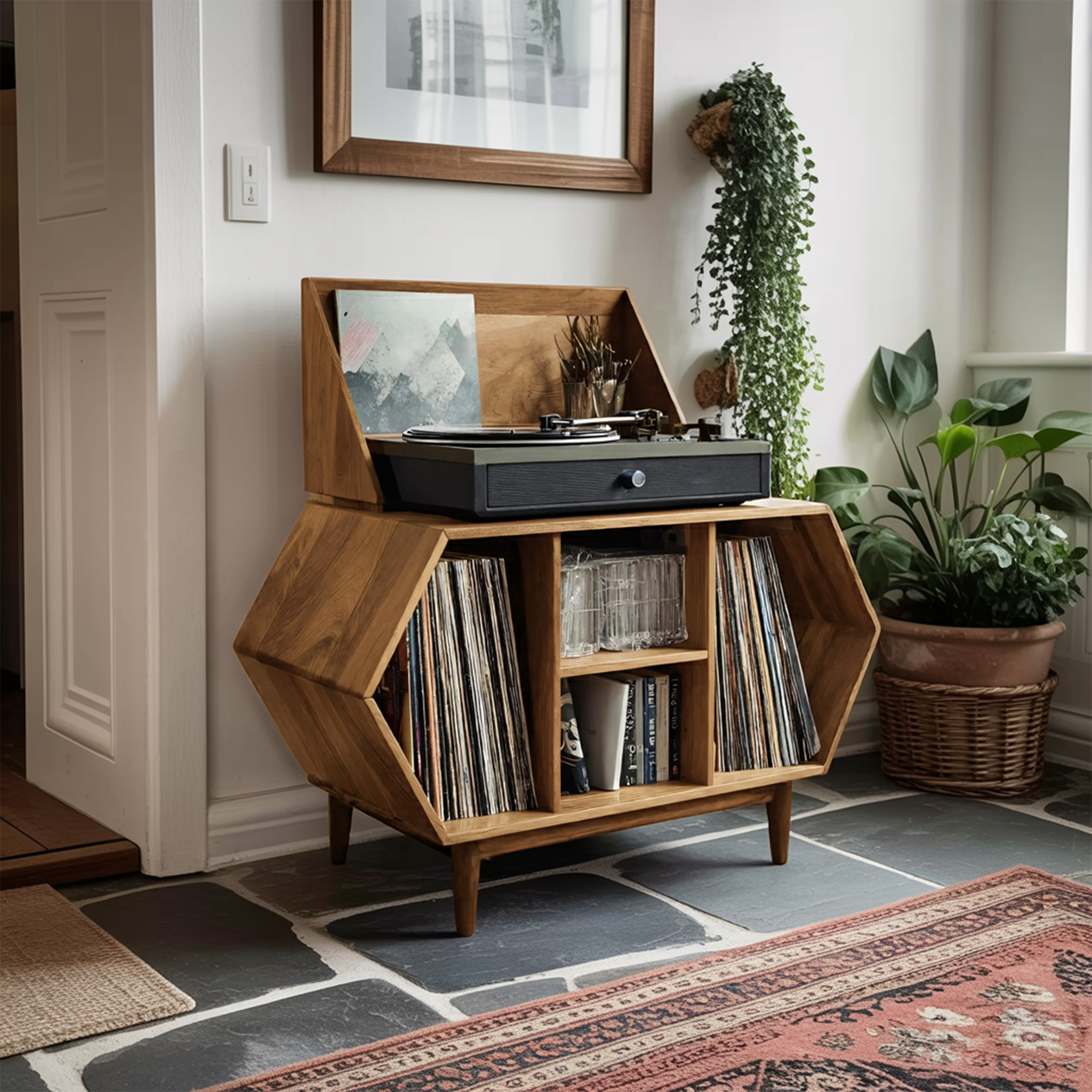 Farmhouse Solid Wood Record Stand For Entryway Furniture Decor SILDTTNRPT017