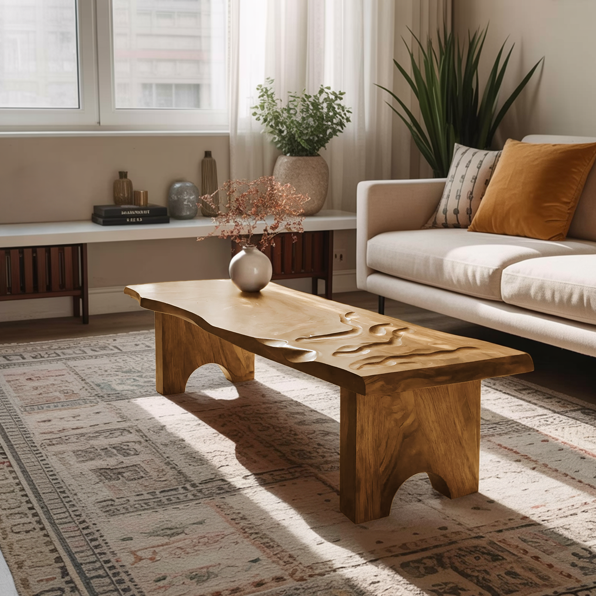 Mid Century Abstract Solid Wood Coffee Table For Entryway SILDTTRCF097