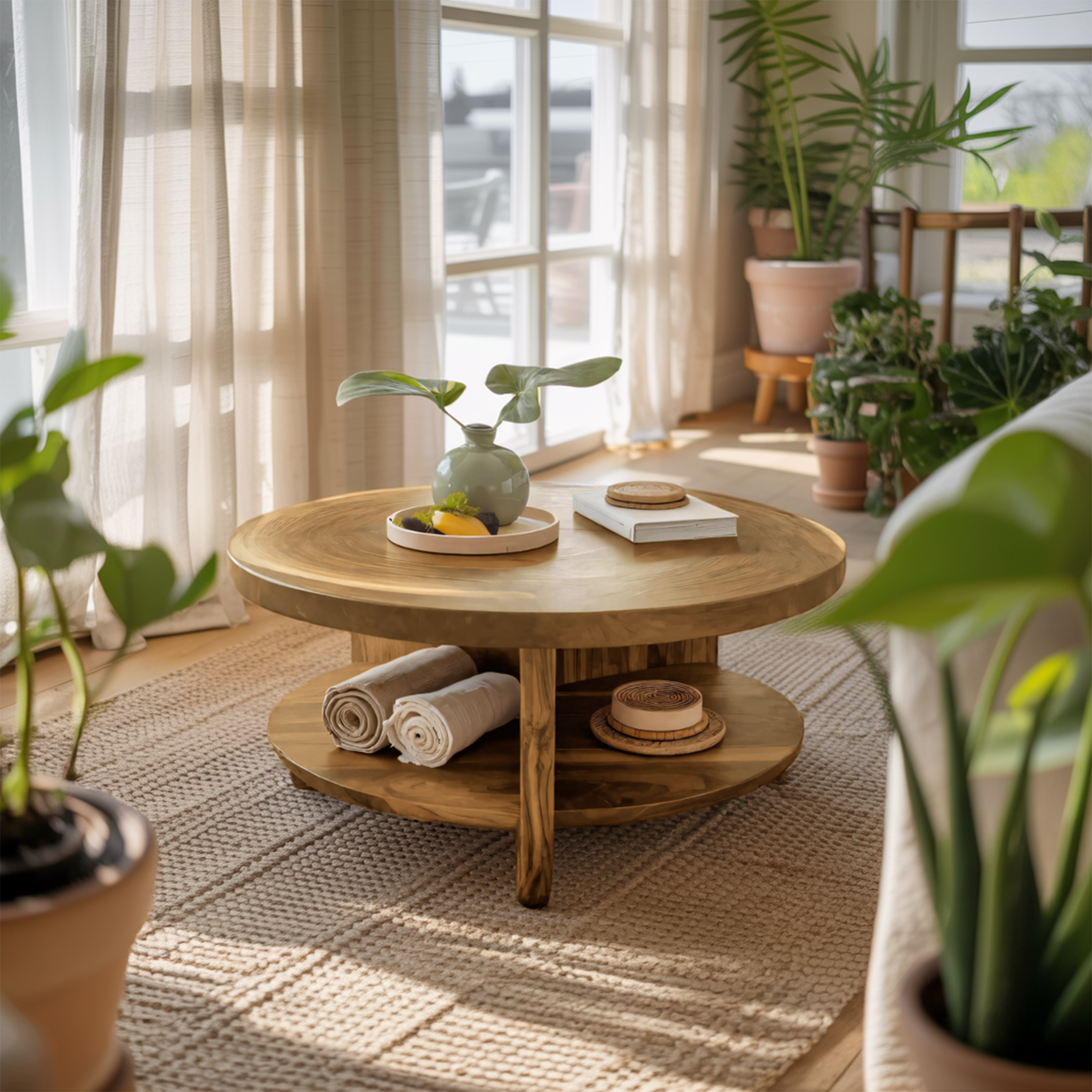 Tropical Round Coffee Table With Shelf For Coastal Living Room And Lounge SITHTTCF003