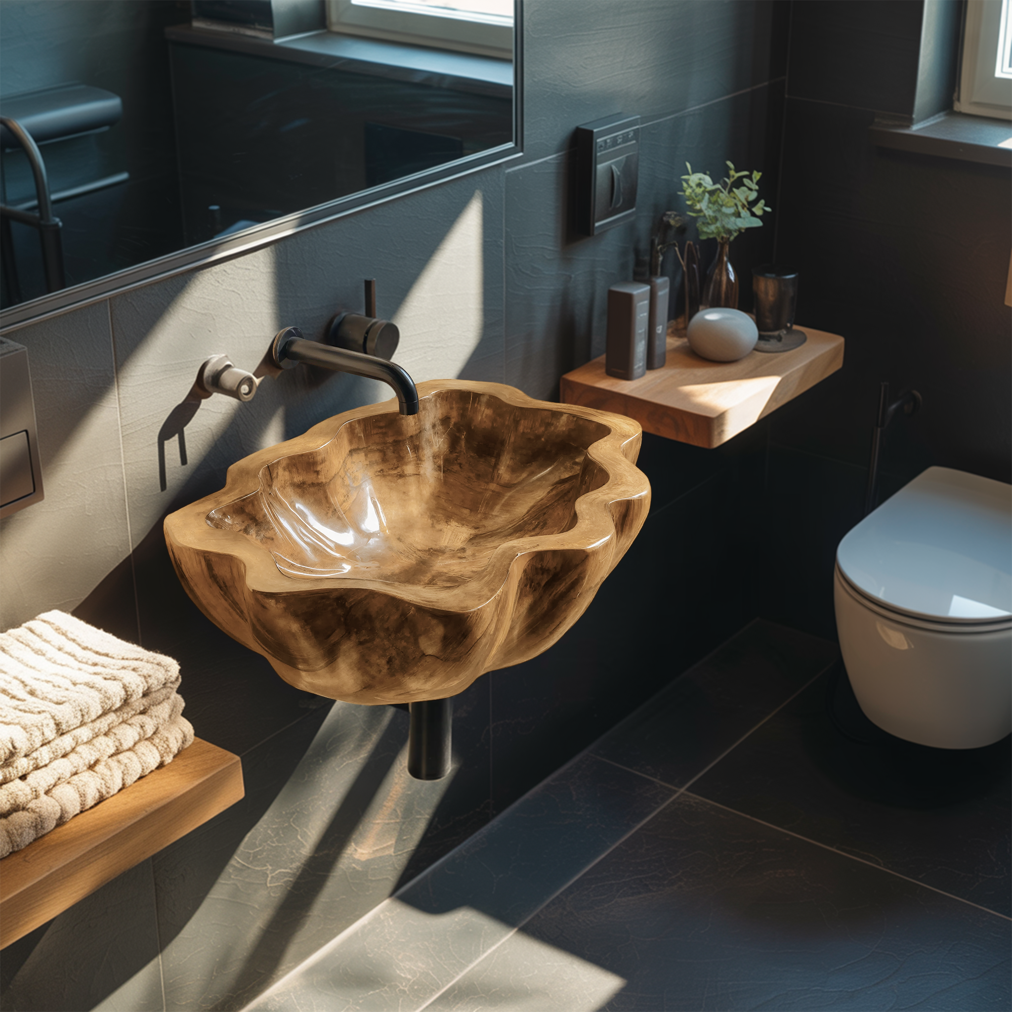 Handcrafted Solid Wood Wash Basin For Artistic Bathroom Interior Decor SILDTTRVS031