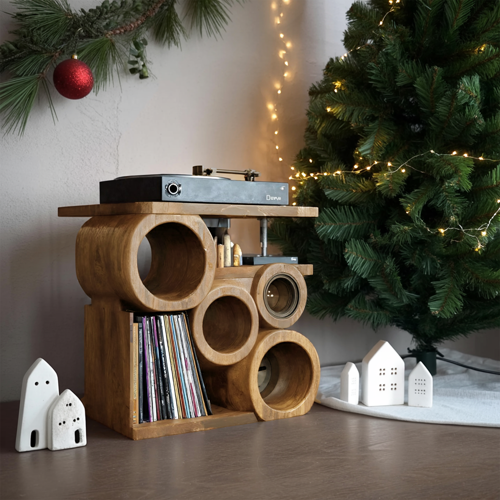 Farmhouse Solid Wood Record Stand For Rustic Christmas Home SILDTTNCRS010