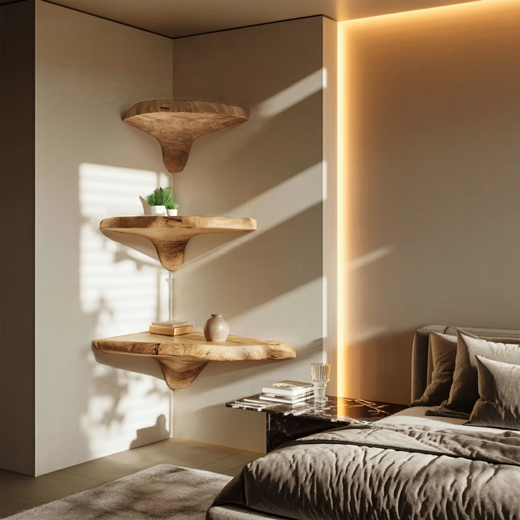 Handcrafted Wooden Live Edge Mushroom Shelf For Entryway Design SILDTTNCMS004