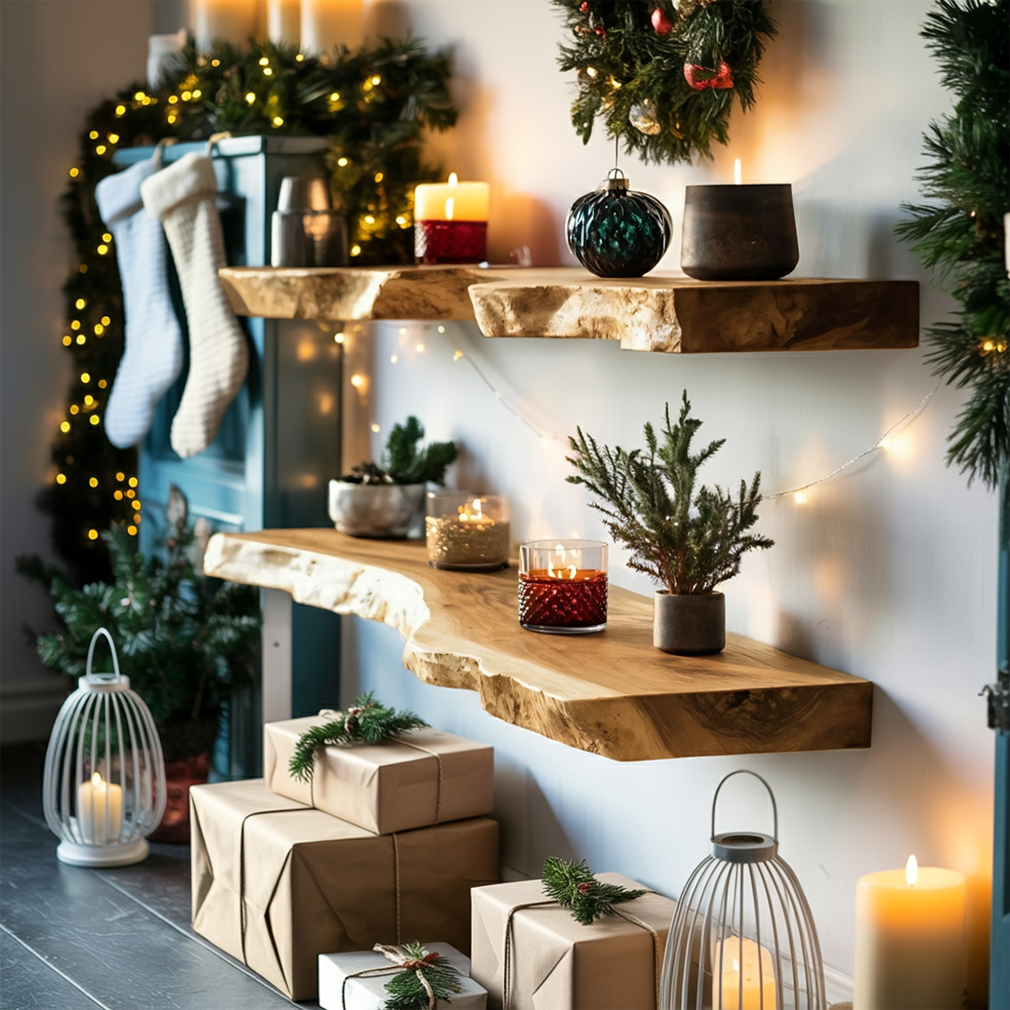 Mid Century Wooden Floating Shelf For Cozy Christmas Bedroom Setup SILDTTNCFL029