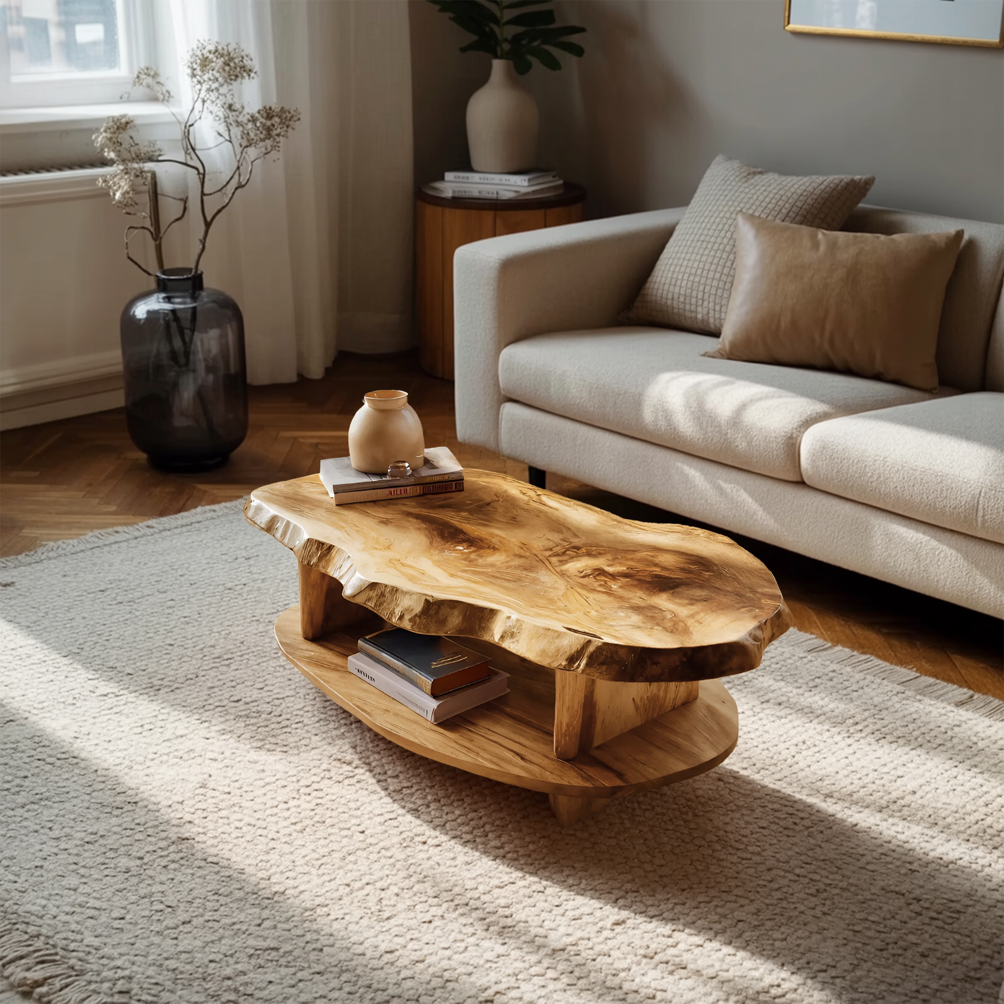 Rustic Coffee Table Live Edge And Shelf For Living RTTHTTCF032