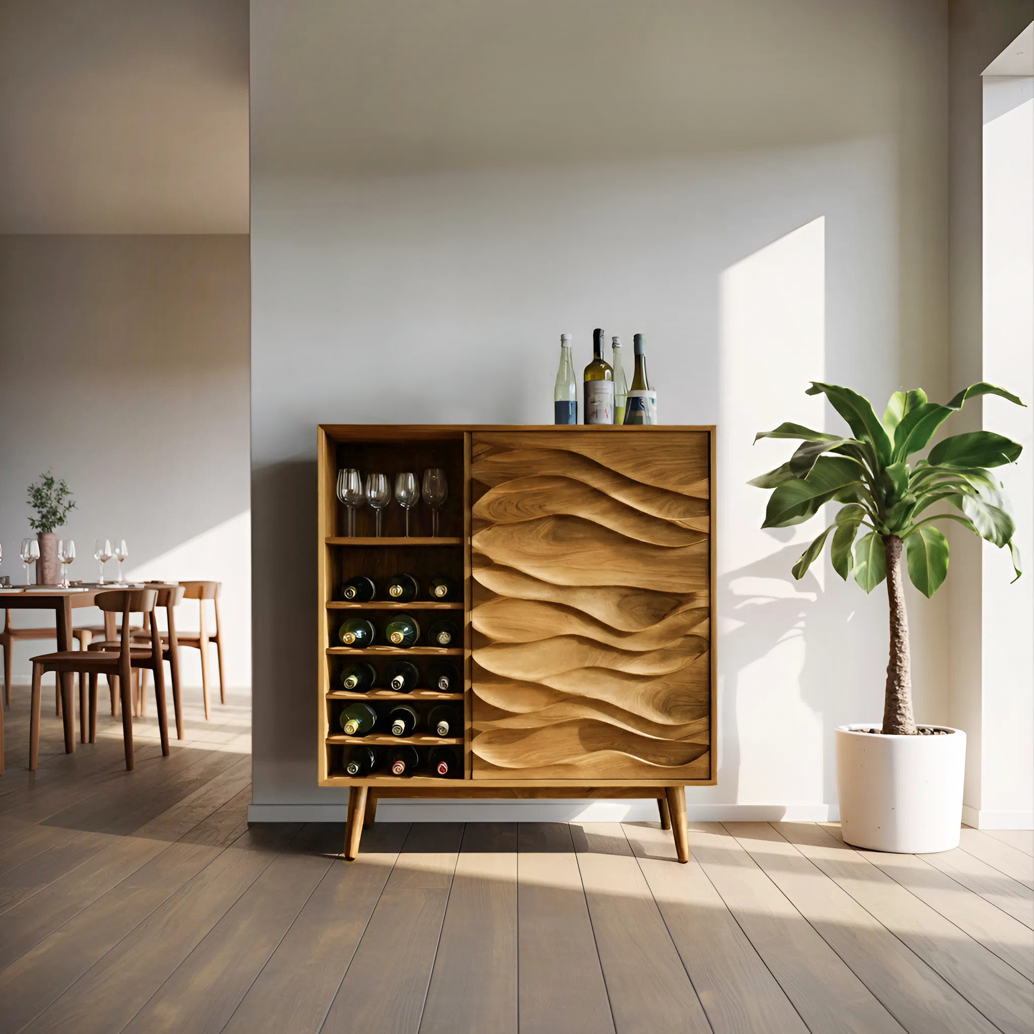 Sculptural Wine Cabinet With Wave Carved Doors For Kitchen SITHTTBCA013