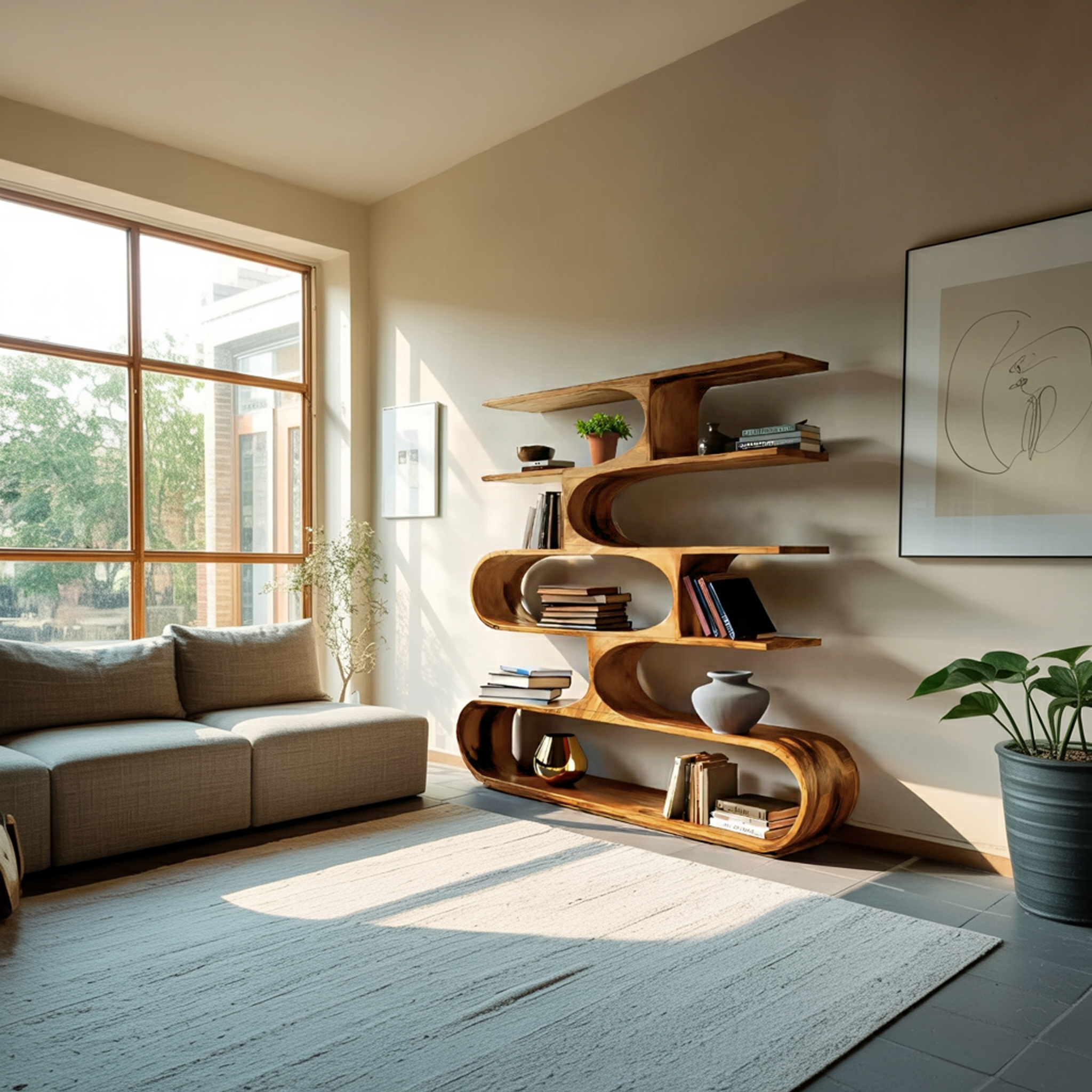 Artistic Curved Bookcase For Living Room Decor RTTHTTBS054