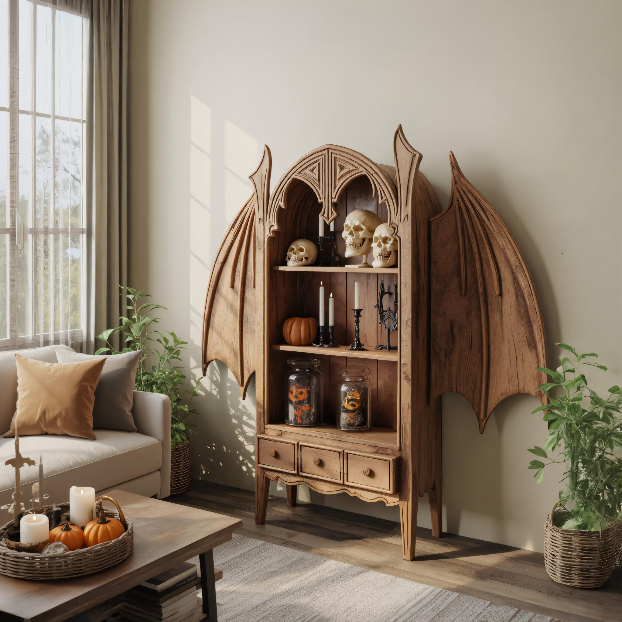 Gothic Carved Wooden Bat Wing Cabinet For Living Room Or Entryway SITHTTHW003