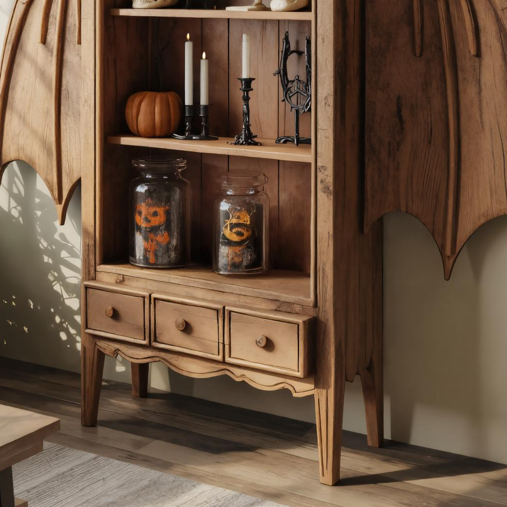 Gothic Carved Wooden Bat Wing Cabinet For Living Room Or Entryway SITHTTHW003