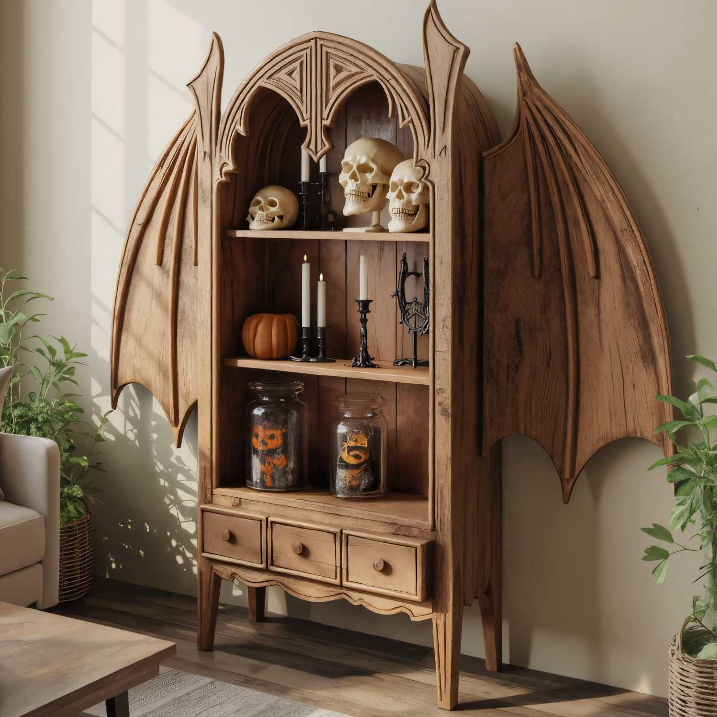 Gothic Carved Wooden Bat Wing Cabinet For Living Room Or Entryway SITHTTHW003
