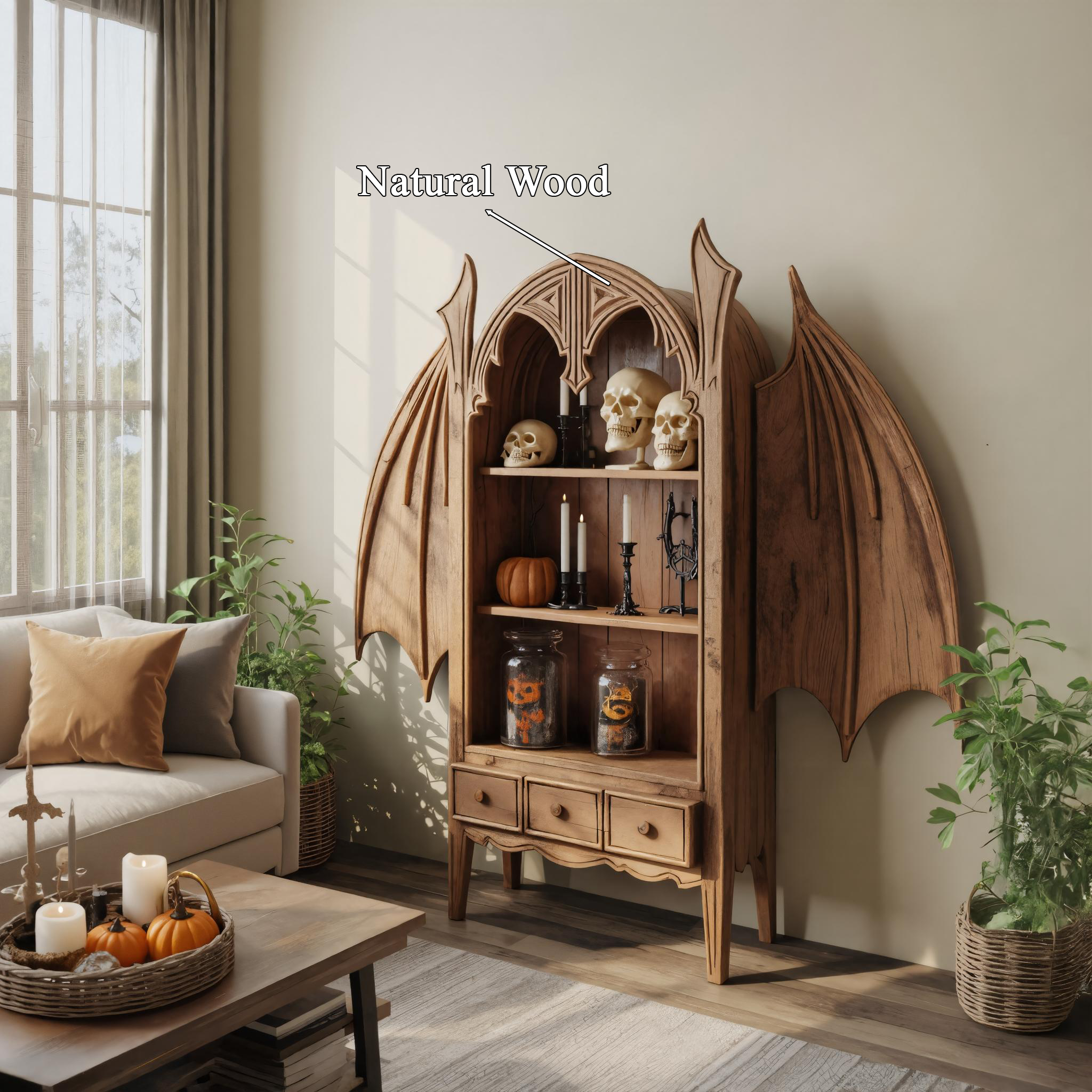 Gothic Carved Wooden Bat Wing Cabinet For Living Room Or Entryway SITHTTHW003