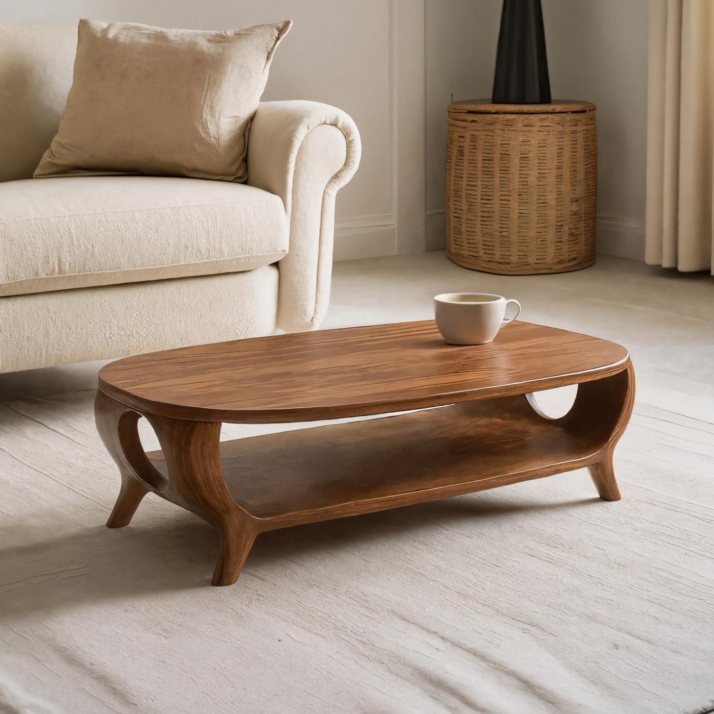 Organic Curved Coffee Table With Shelf For Living Room Decor RTTHHNCF034