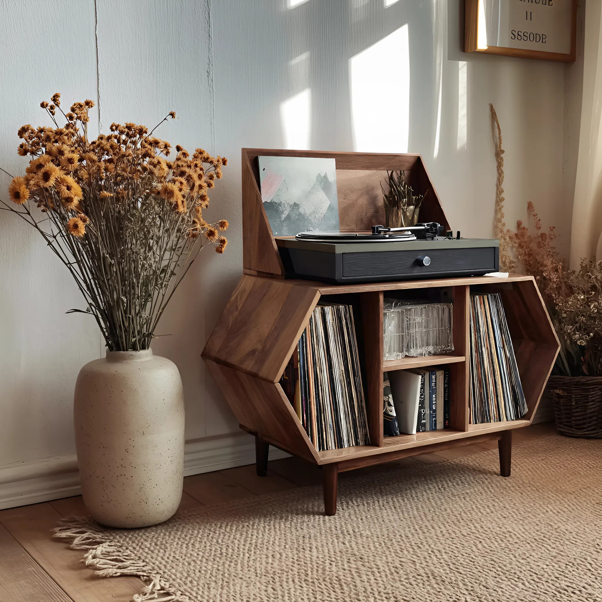Farmhouse Solid Wood Record Stand For Entryway Furniture Decor SILDTTNRPT017