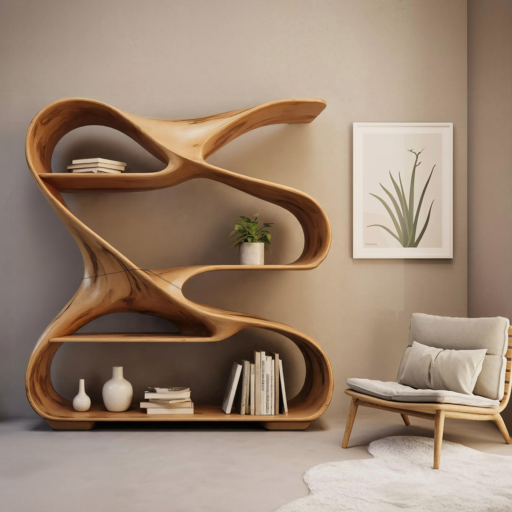 Modern Sculptural Wooden Bookshelf For Living Room Or Office Display SITHHNBS005