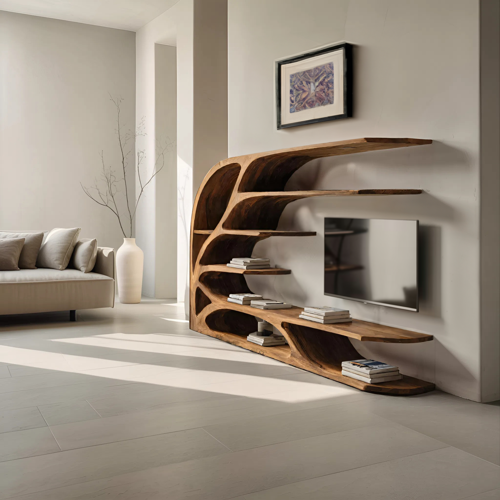 Modern Sculptural Wavy Carved Media Console For Living Room SITHHNTVC042