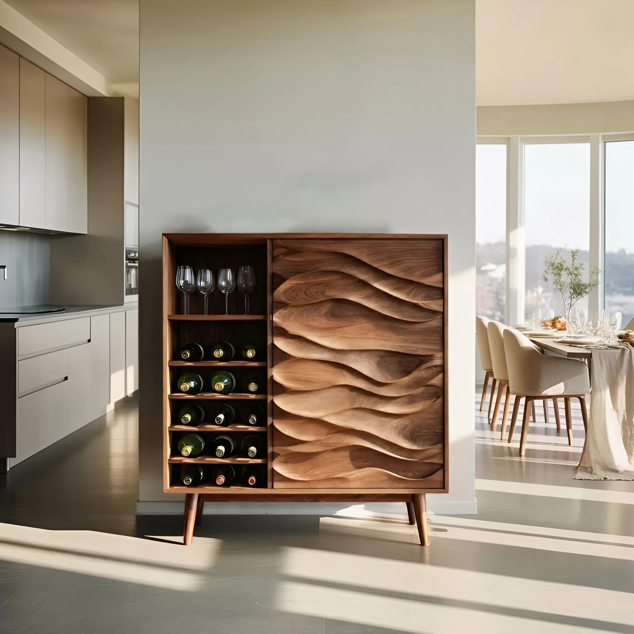 Sculptural Wine Cabinet With Wave Carved Doors For Kitchen SITHTTBCA013