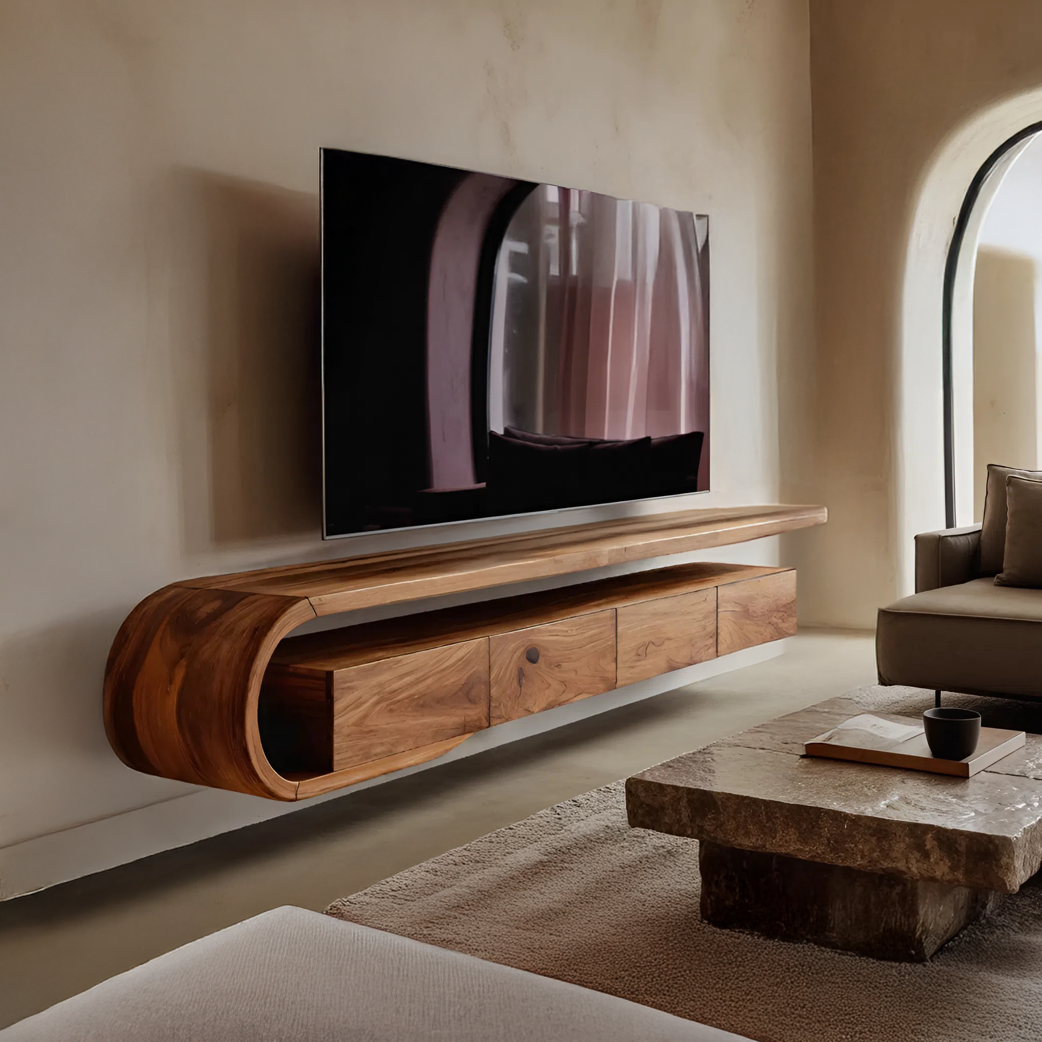 Modern Sculptural Wall Mounted TV Console For Living Room RTTHHNTVC056