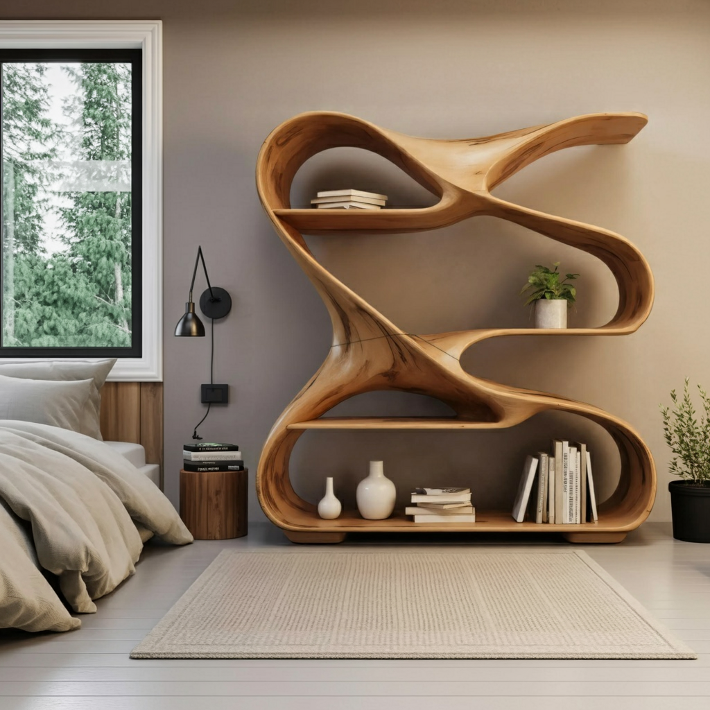 Modern Sculptural Wooden Bookshelf For Living Room Or Office Display SITHHNBS005