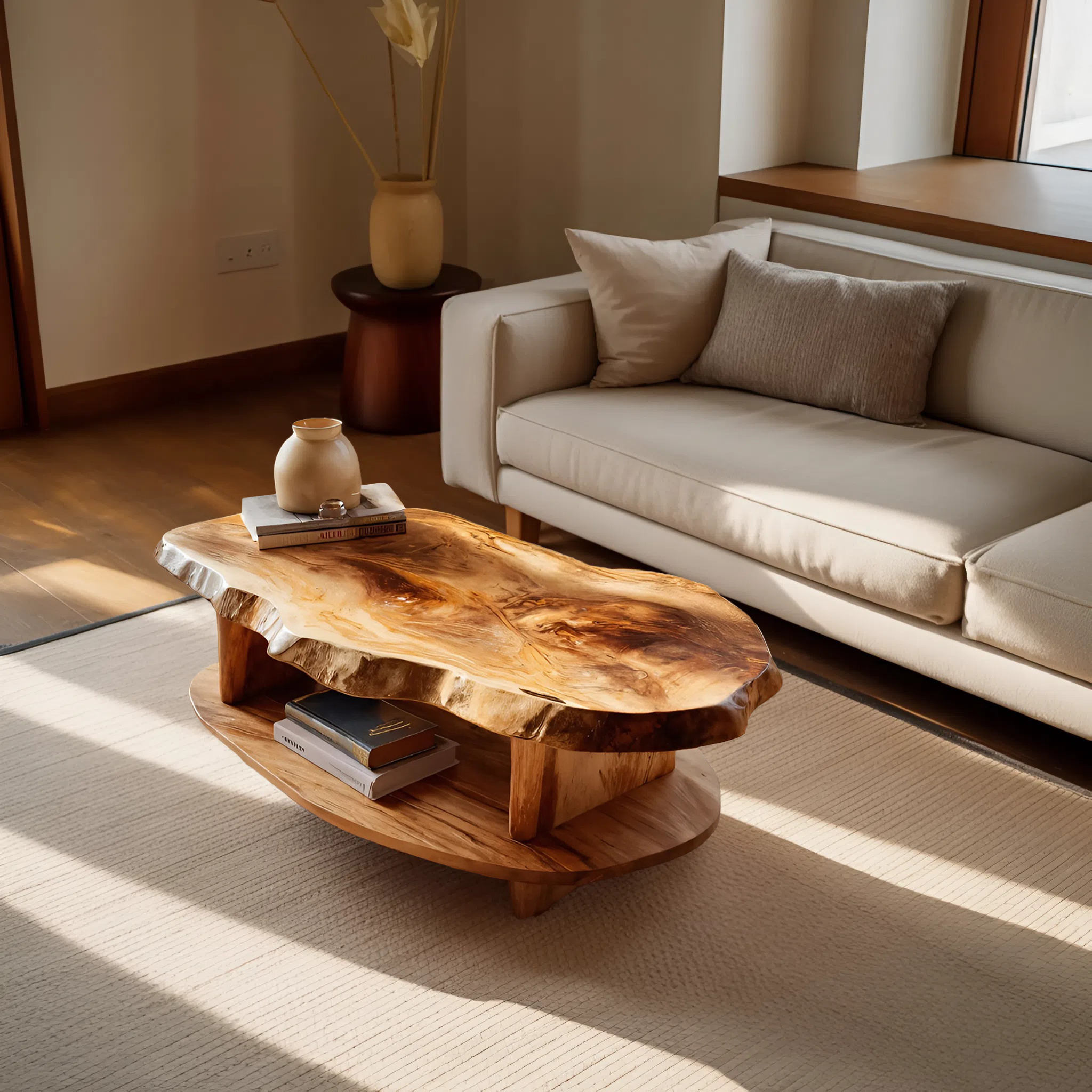 Rustic Coffee Table Live Edge And Shelf For Living RTTHTTCF032