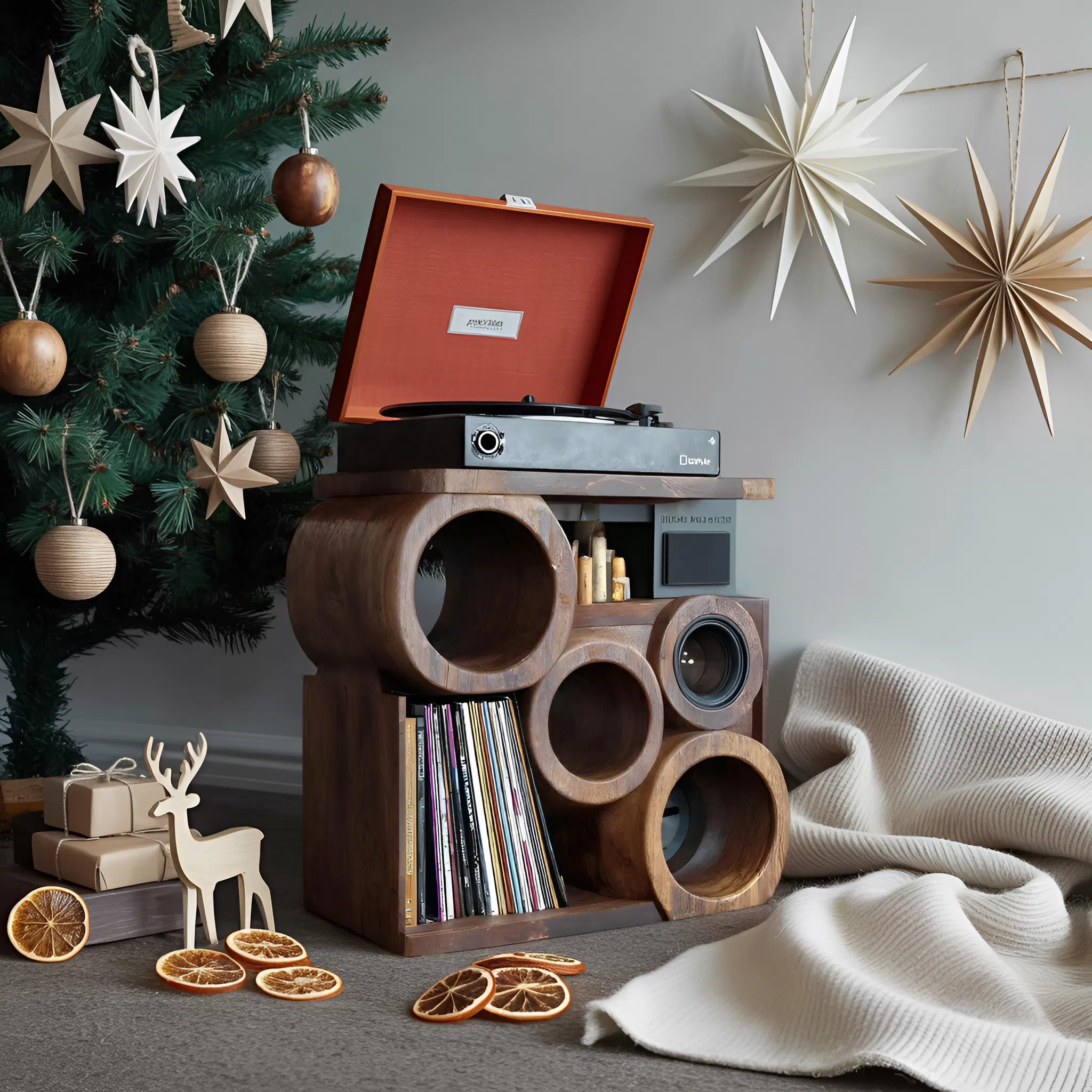 Farmhouse Solid Wood Record Stand For Rustic Christmas Home SILDTTNCRS010