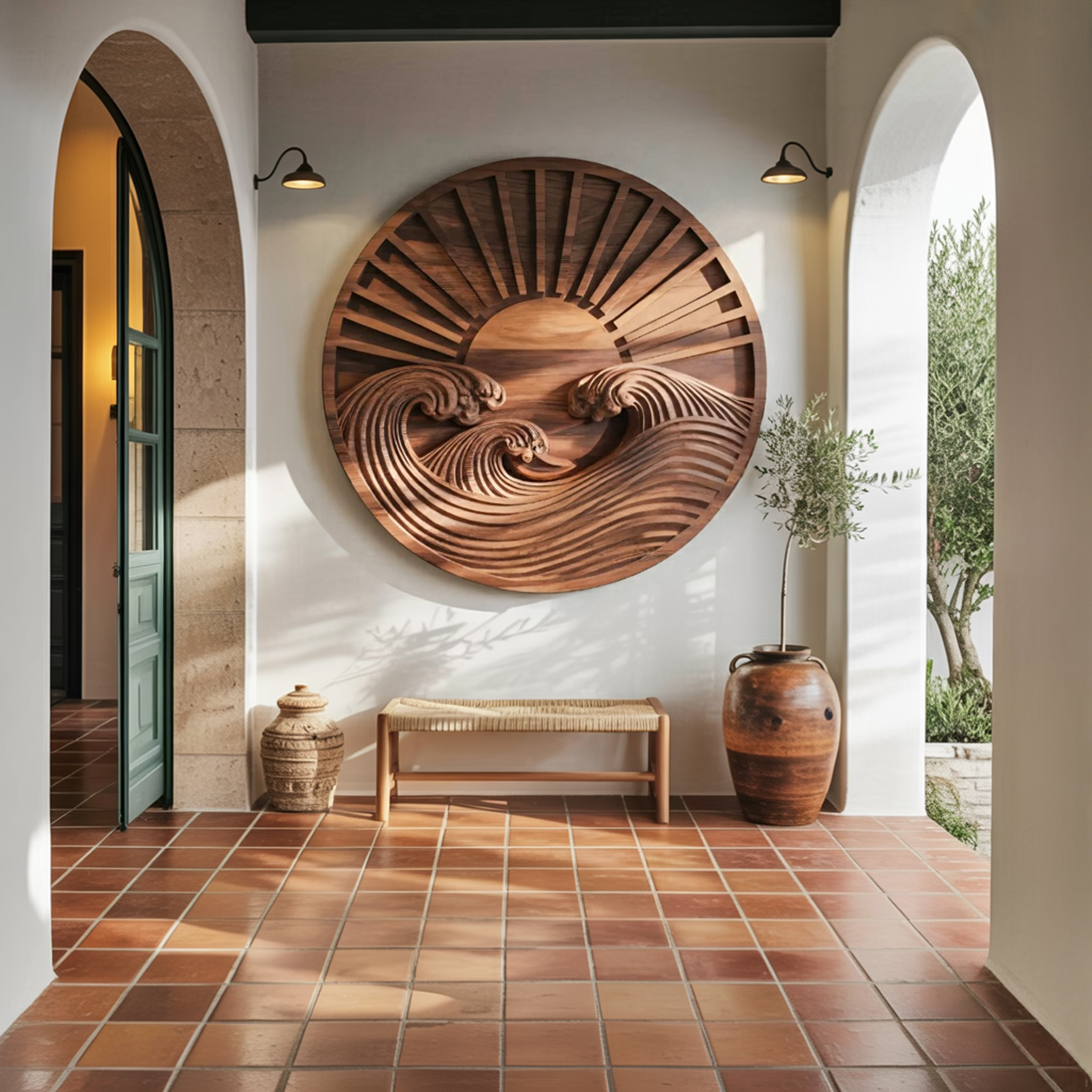 Round Wall Art With Carved Sun And Waves For Bedroom SITHTTWA011