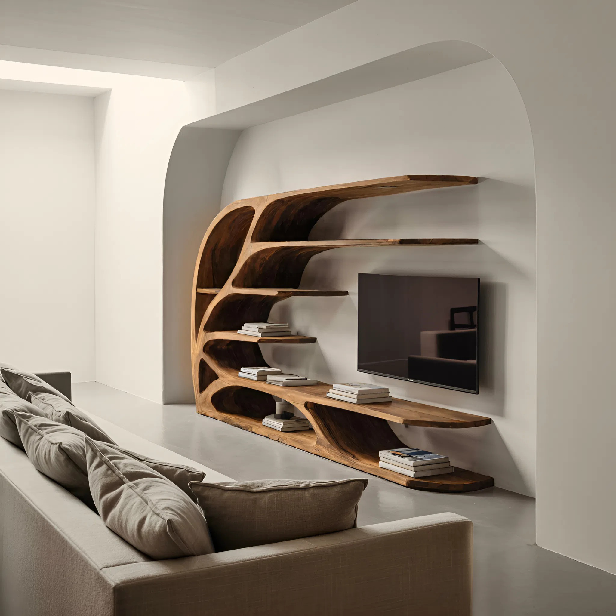 Modern Sculptural Wavy Carved Media Console For Living Room SITHHNTVC042