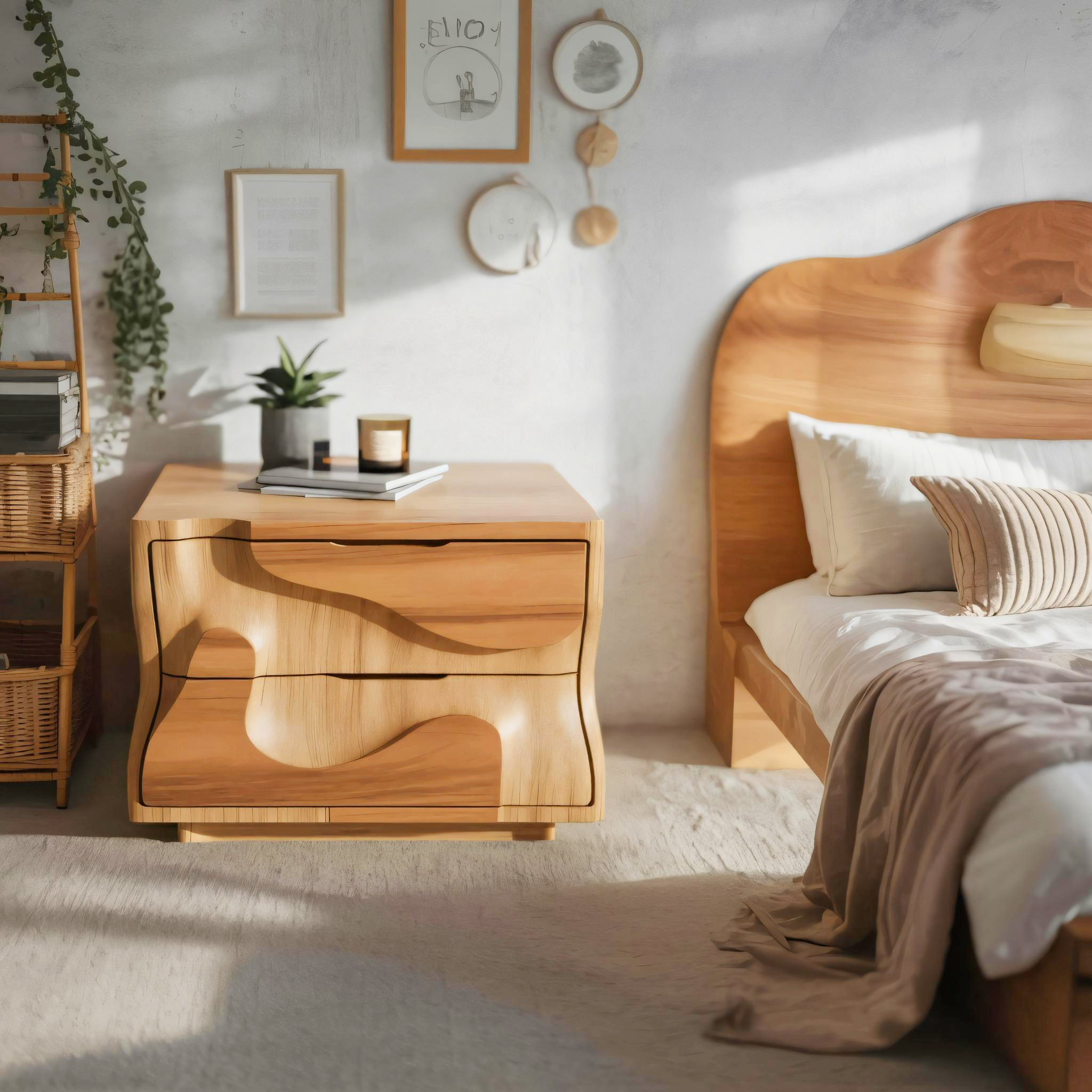 Modern Wavy Nightstand With Carved Drawer Cabinet For Bedroom And Living Room SITHHNNS005
