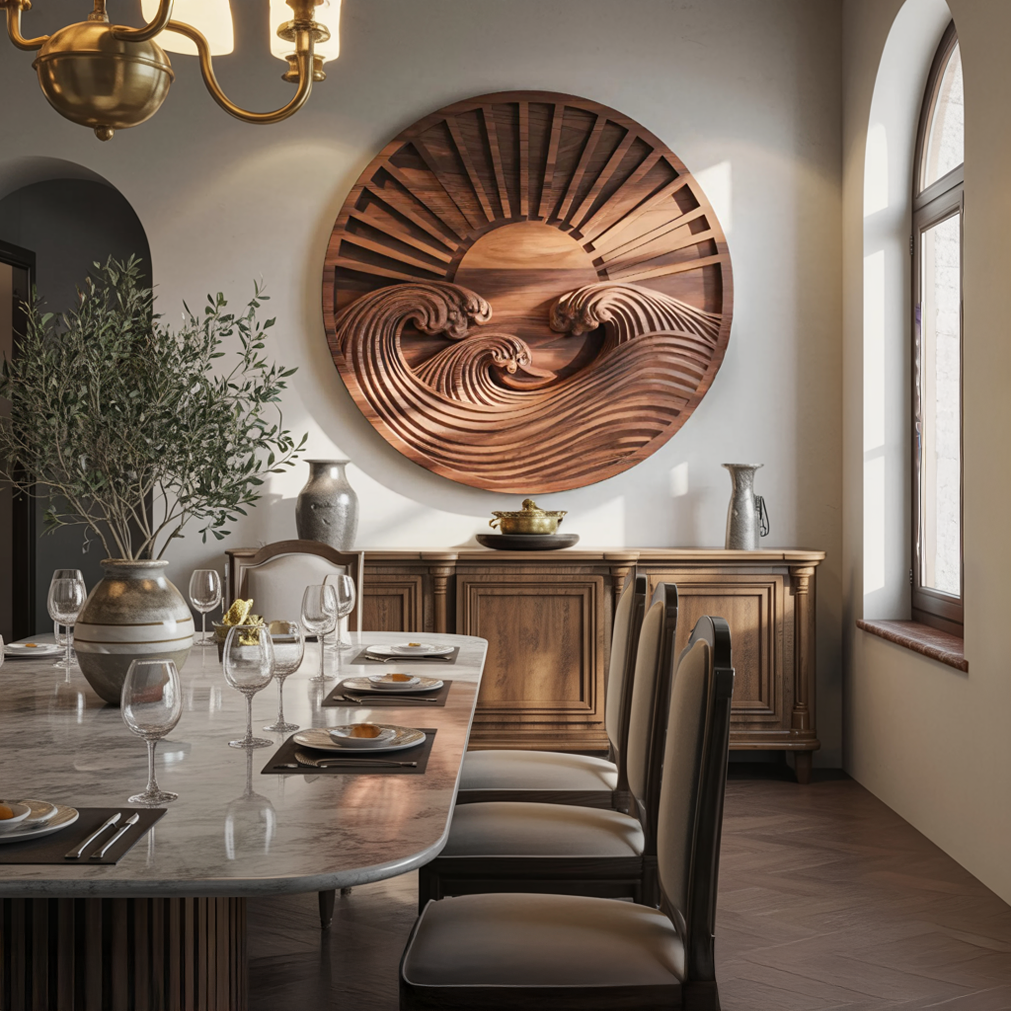 Round Wall Art With Carved Sun And Waves For Bedroom SITHTTWA011