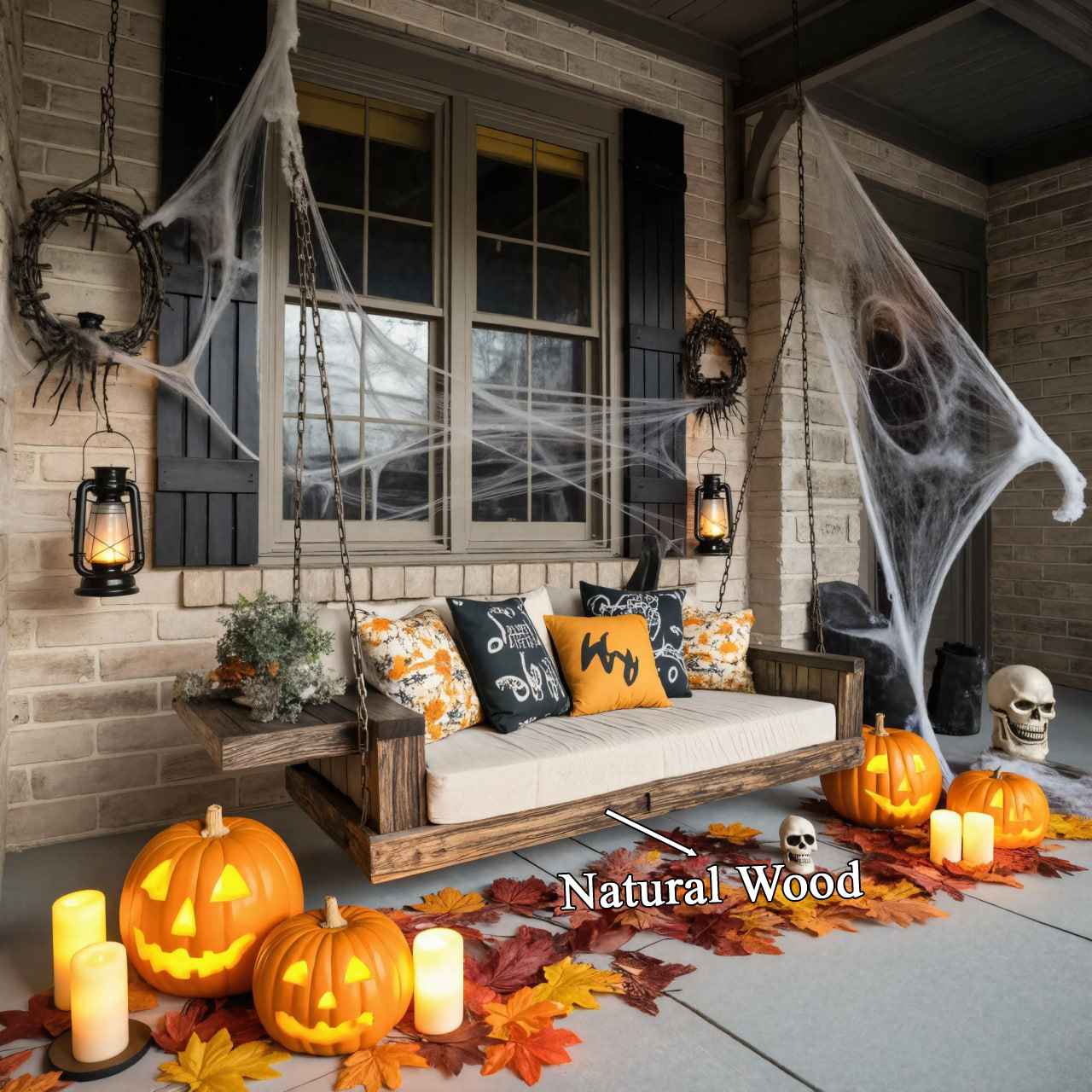 Rustic Wooden Porch Swing With Chains For Halloween Outdoor Decor SITHTTHW001