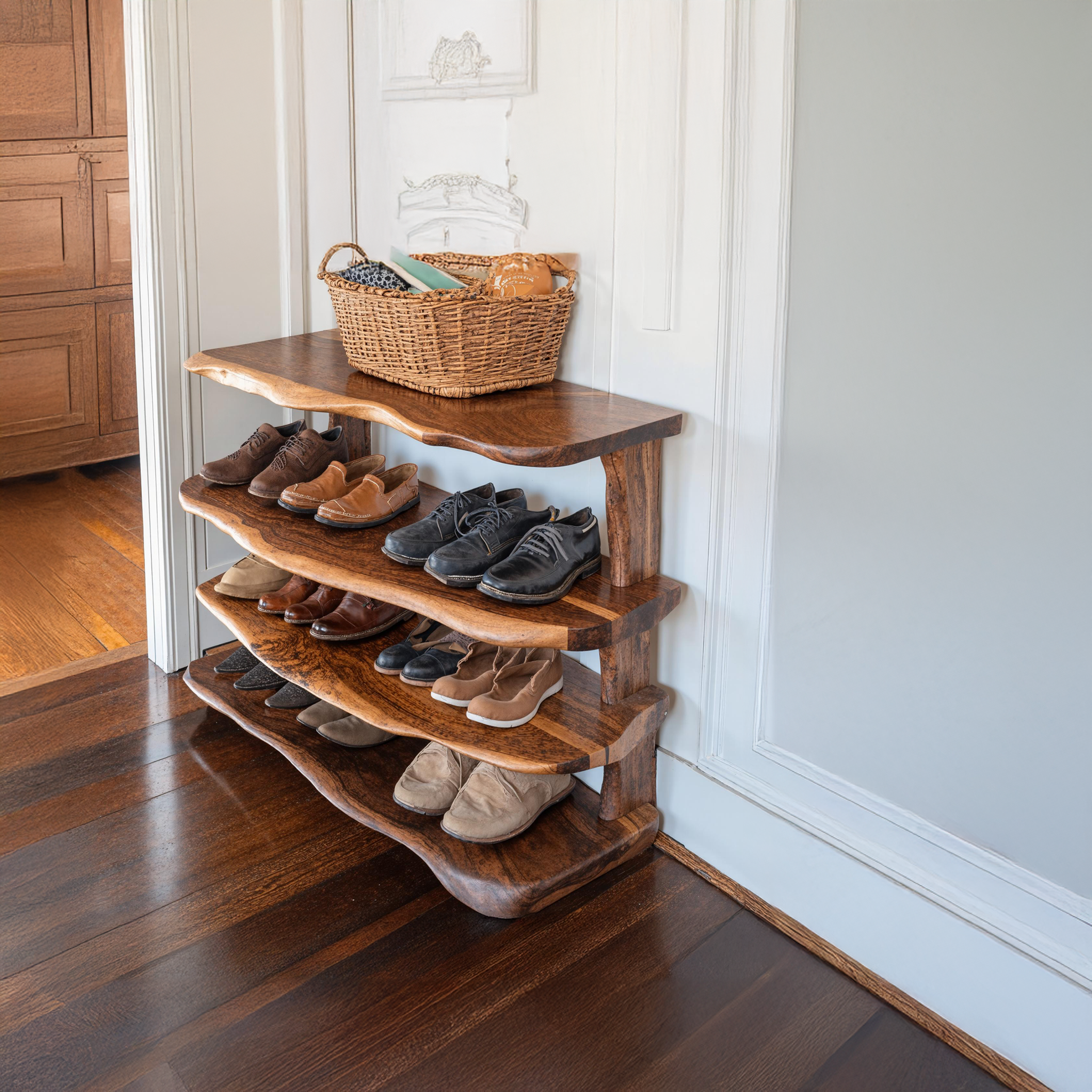 Rustic 4-Tier Natural Wood Shoe Bench For Entryway SILDTSHB022