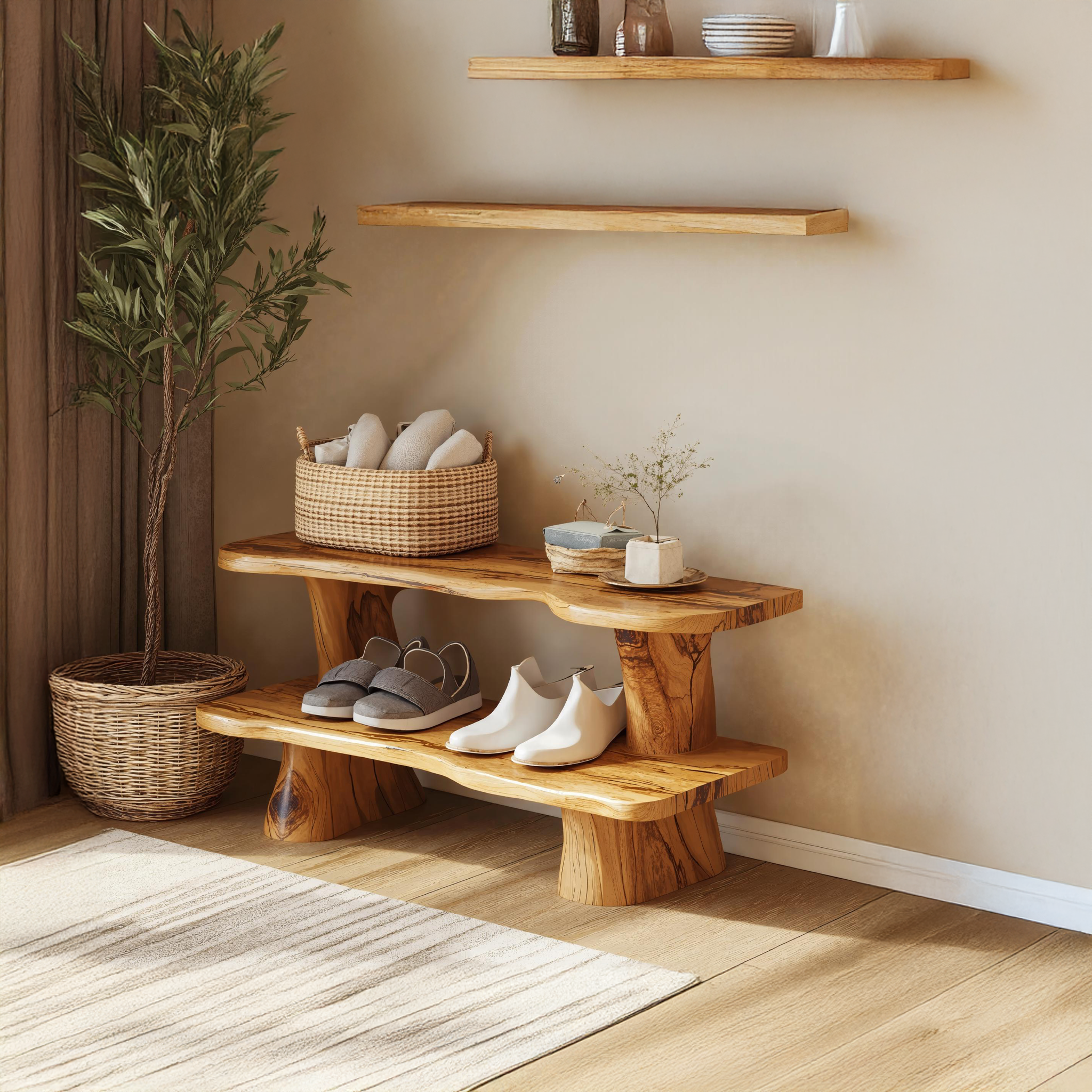 Rustic Natural Wood Shoe Bench For Entryway Storage SILDTSHB001
