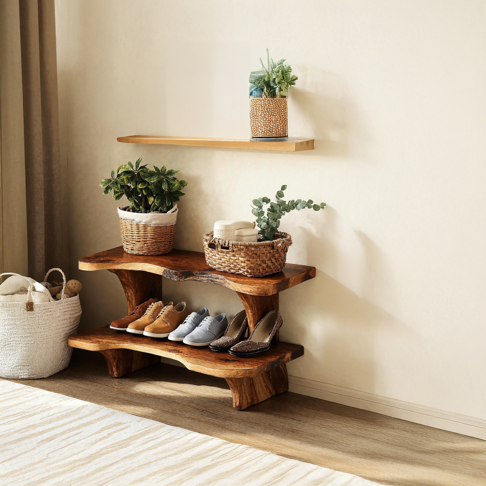 Handmade Natural Wood Shoe Bench For Country-Style Interiors SILDTSHB004