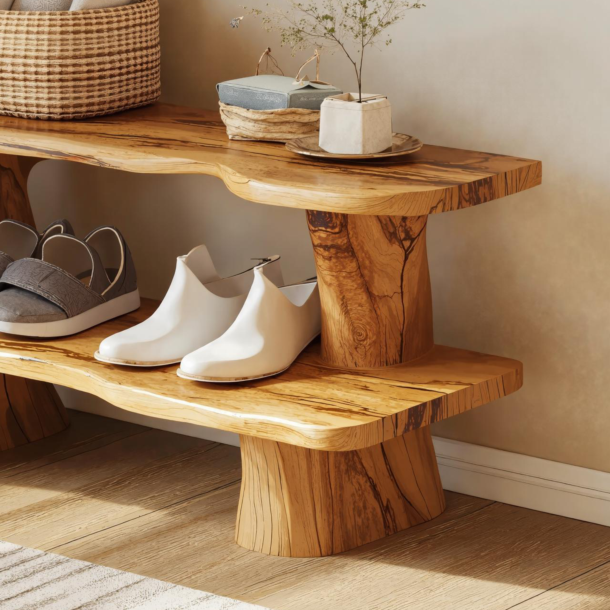 Rustic Natural Wood Shoe Bench For Entryway Storage SILDTSHB001