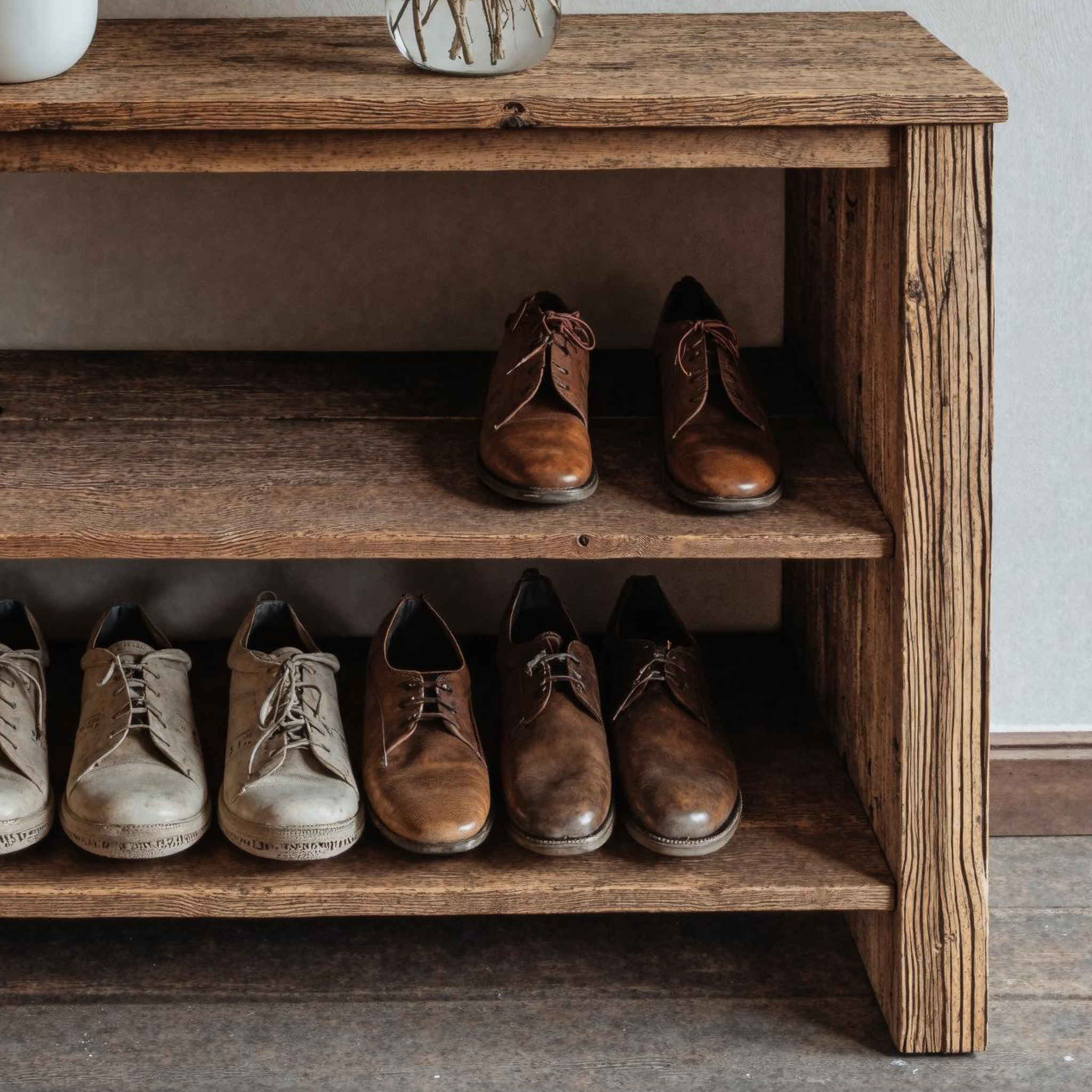 Rustic Wooden Shoe Bench With Shelves For Entryway SILDTSHB011