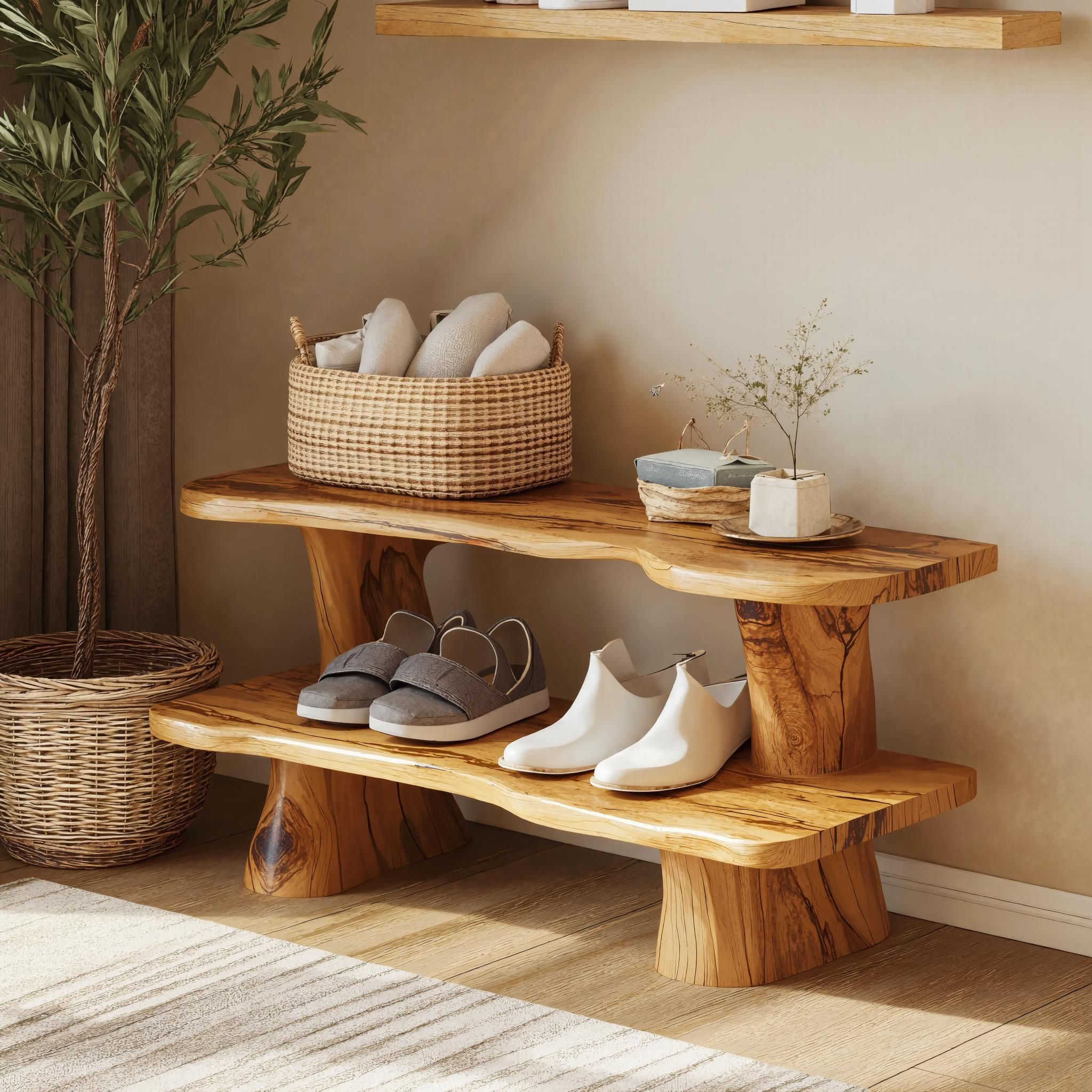 Rustic Natural Wood Shoe Bench For Entryway Storage SILDTSHB001