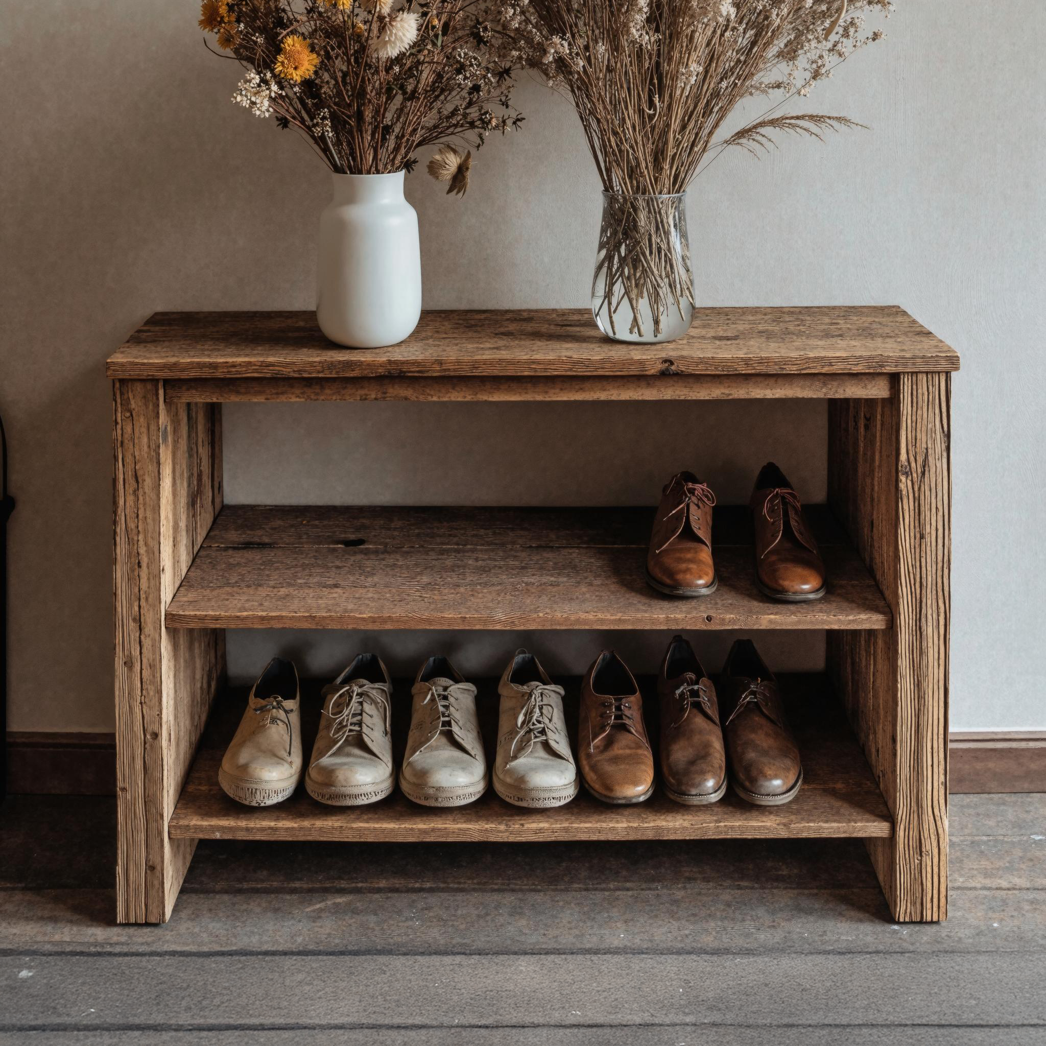 Rustic Wooden Shoe Bench With Shelves For Entryway SILDTSHB011