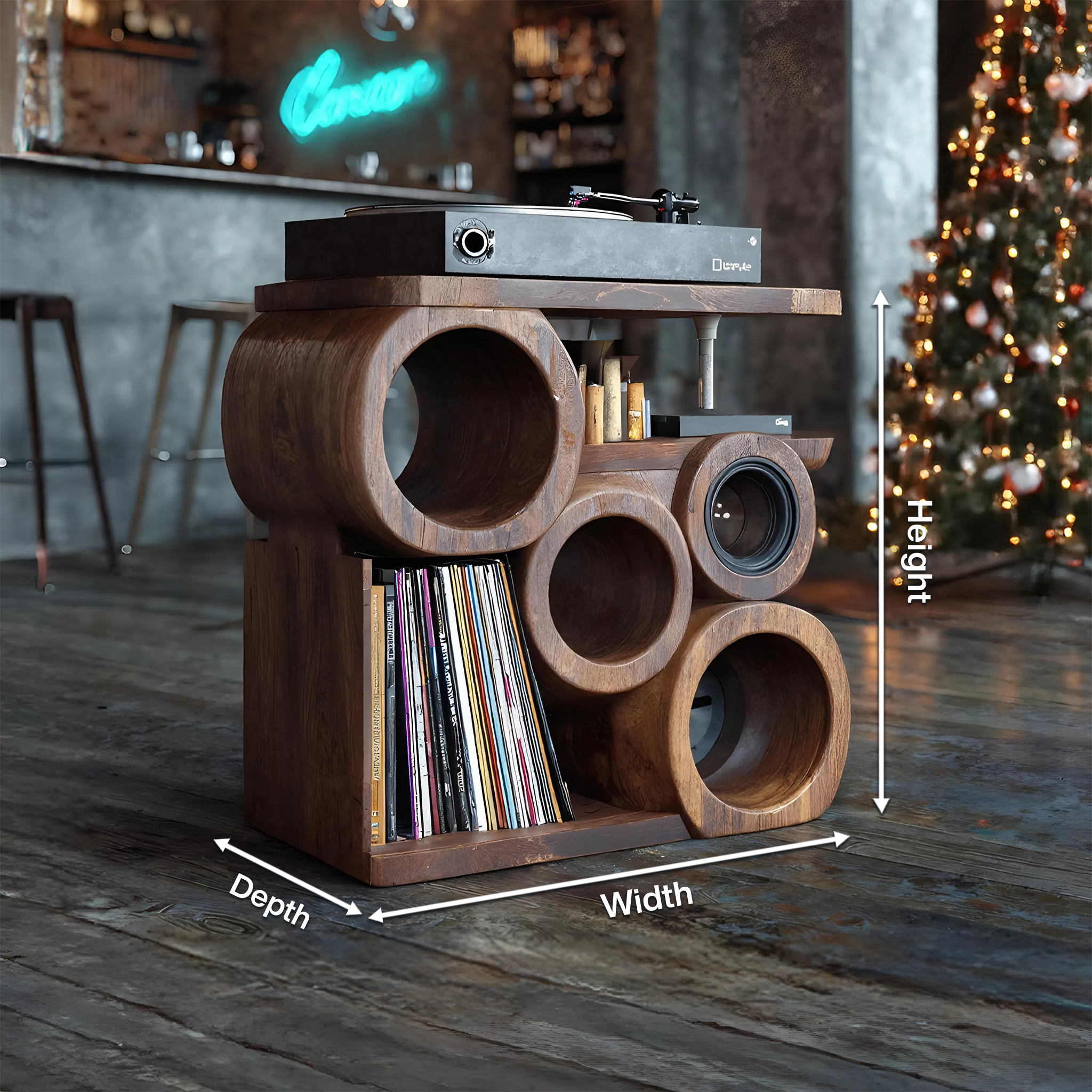 Farmhouse Solid Wood Record Stand For Rustic Christmas Home SILDTTNCRS010
